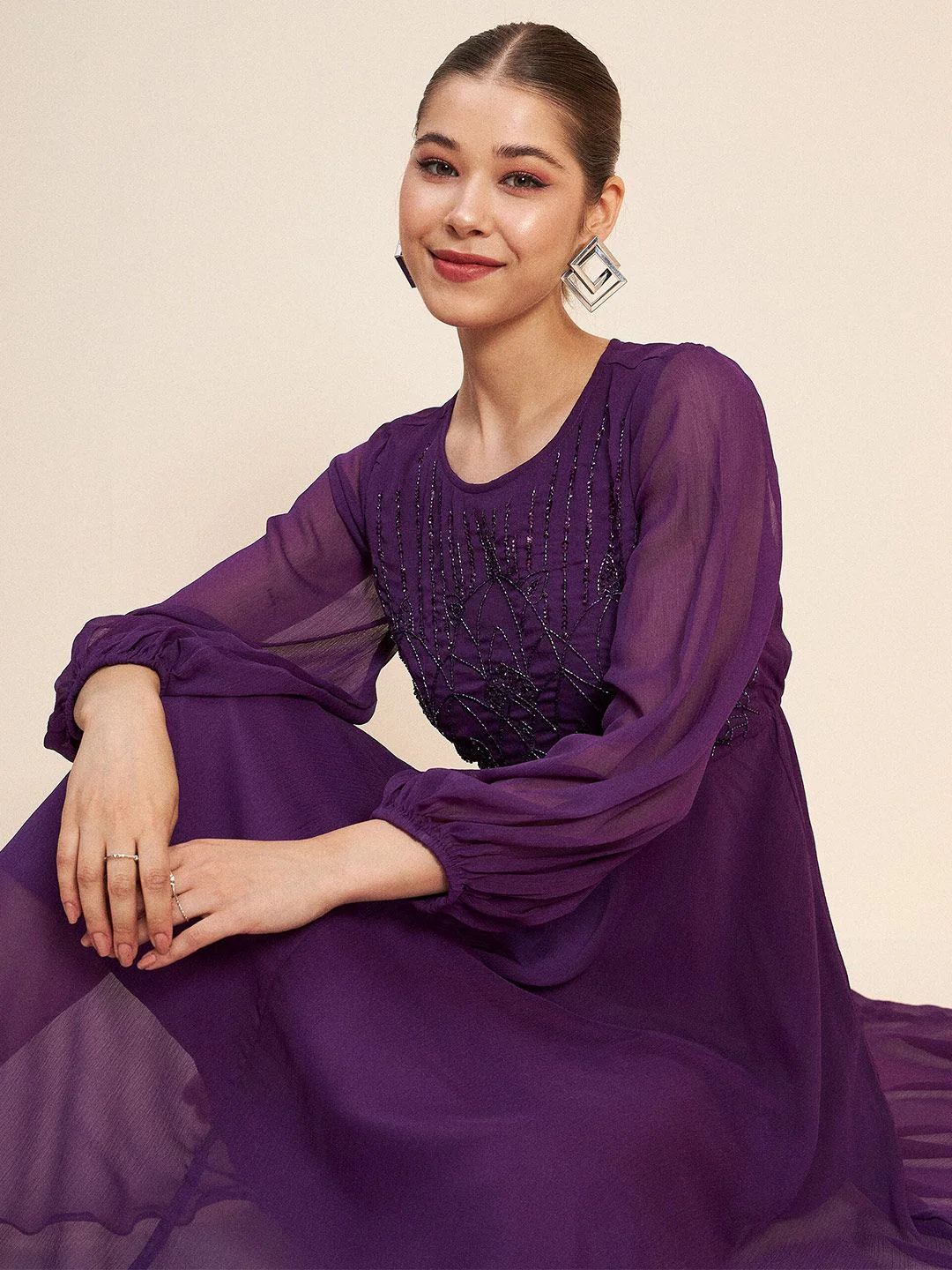 Antheaa Purple Embellished Puff Sleeves Gathered Fit & Flare Midi Dress - Image 6