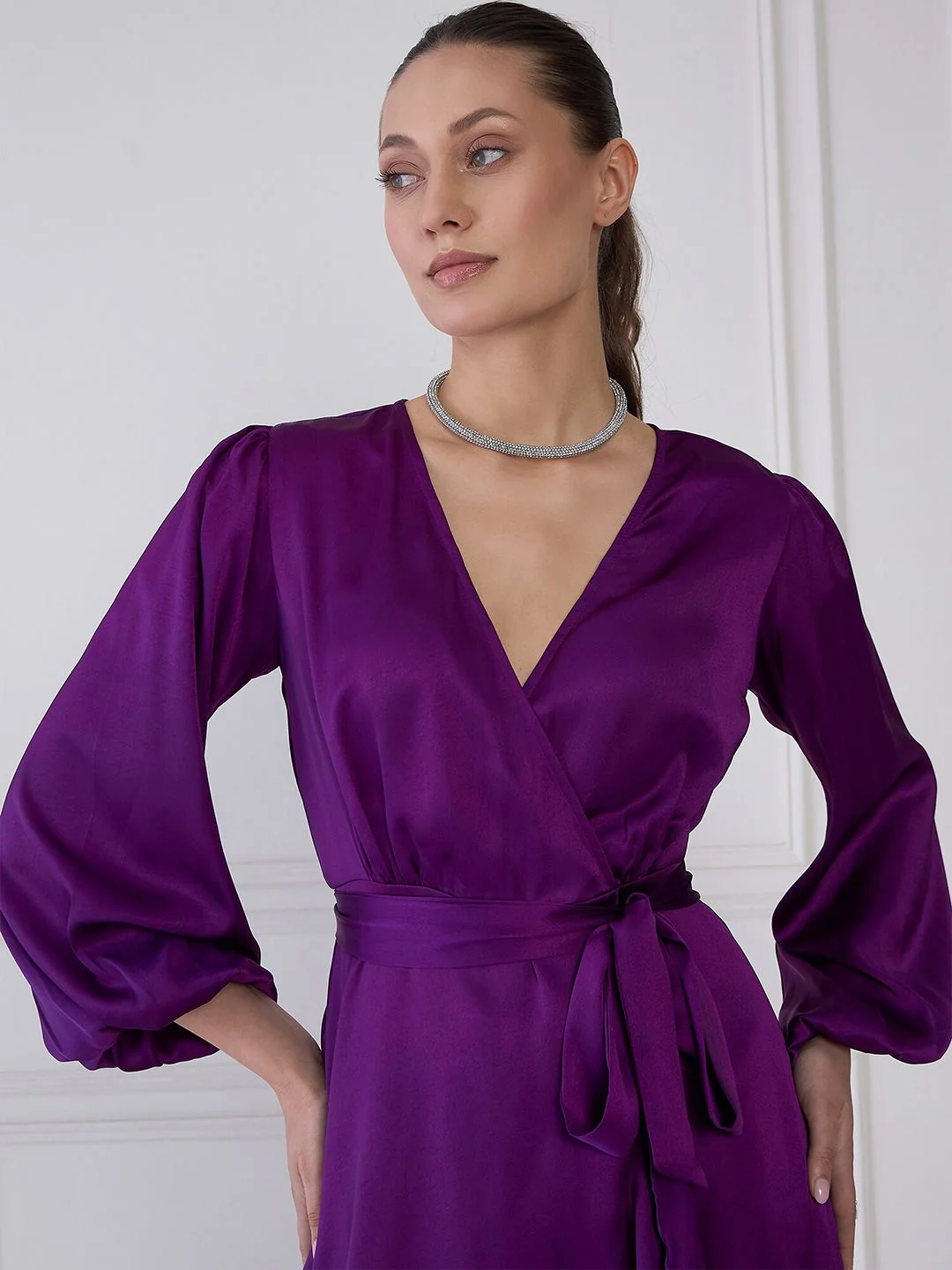 Antheaa Purple V-Neck Cuffed Sleeves Layered Satin Midi Wrap Dress - Image 2