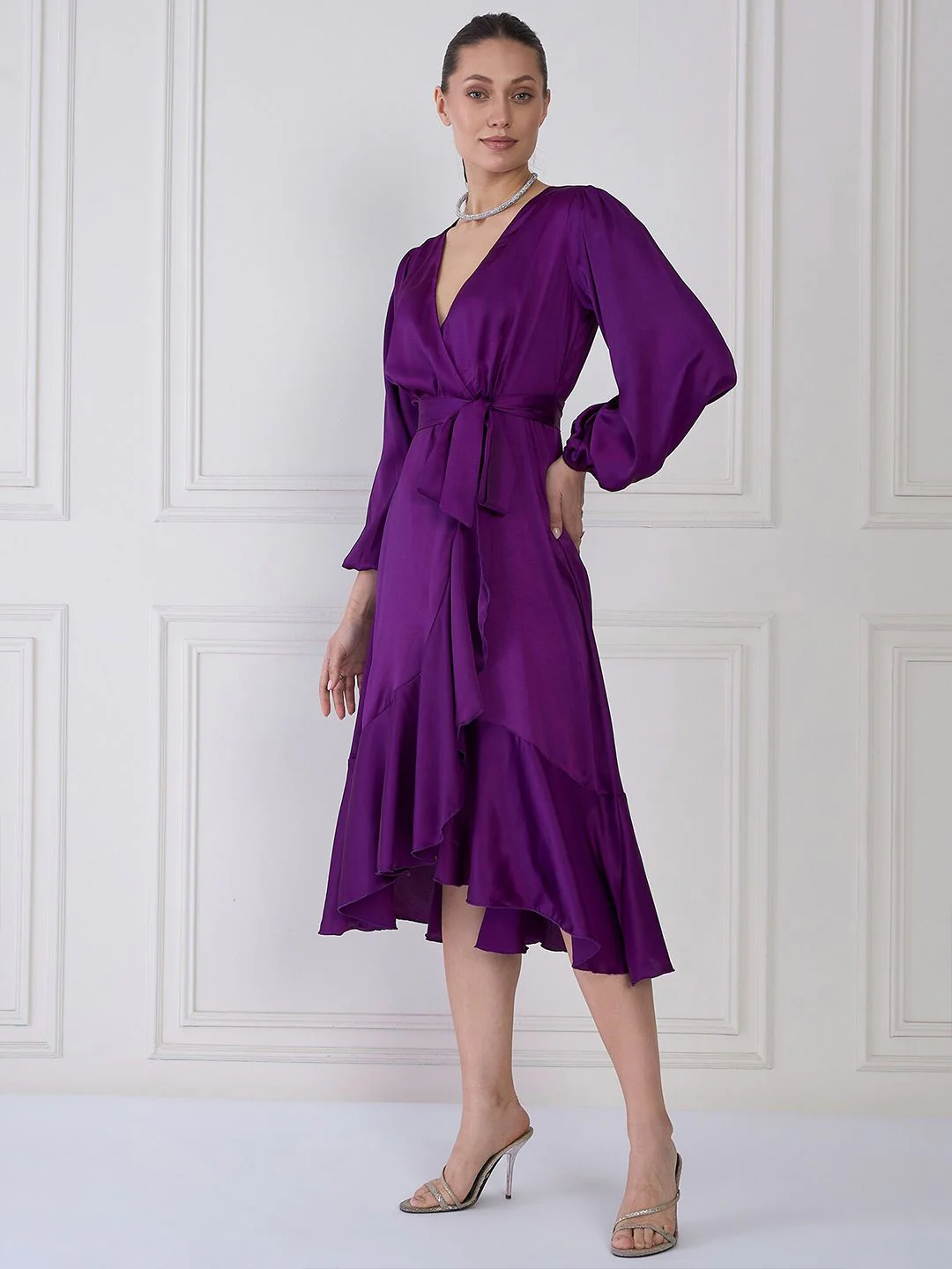 Antheaa Purple V-Neck Cuffed Sleeves Layered Satin Midi Wrap Dress - Image 3