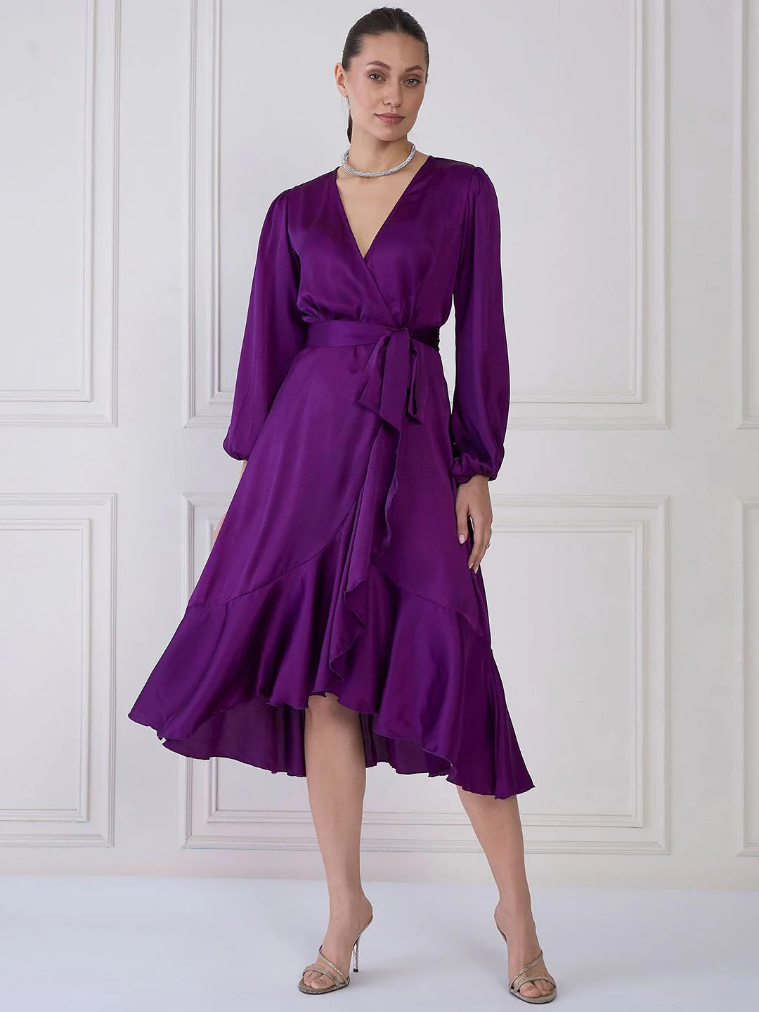 Antheaa Purple V-Neck Cuffed Sleeves Layered Satin Midi Wrap Dress - Image 4