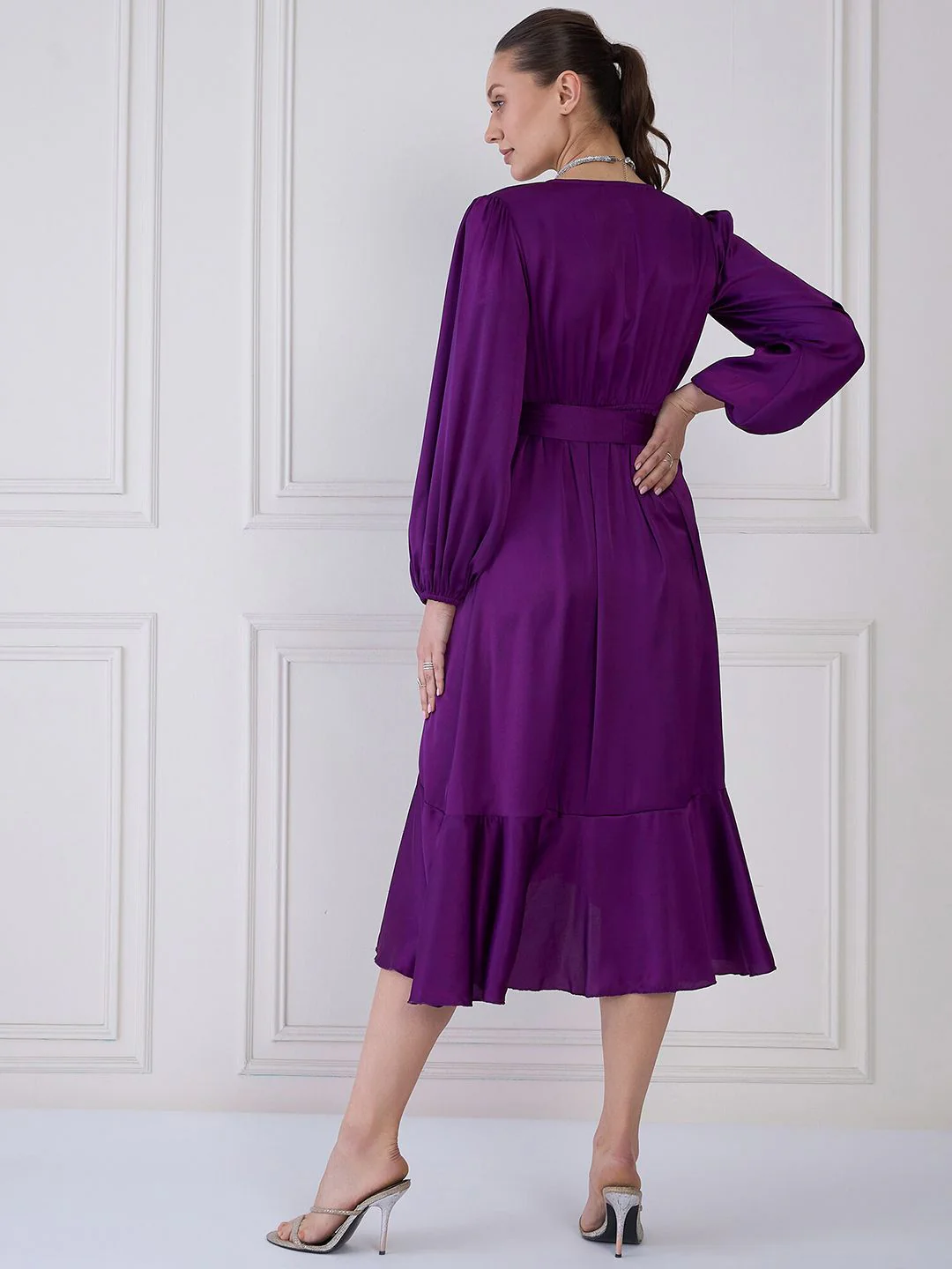 Antheaa Purple V-Neck Cuffed Sleeves Layered Satin Midi Wrap Dress - Image 5