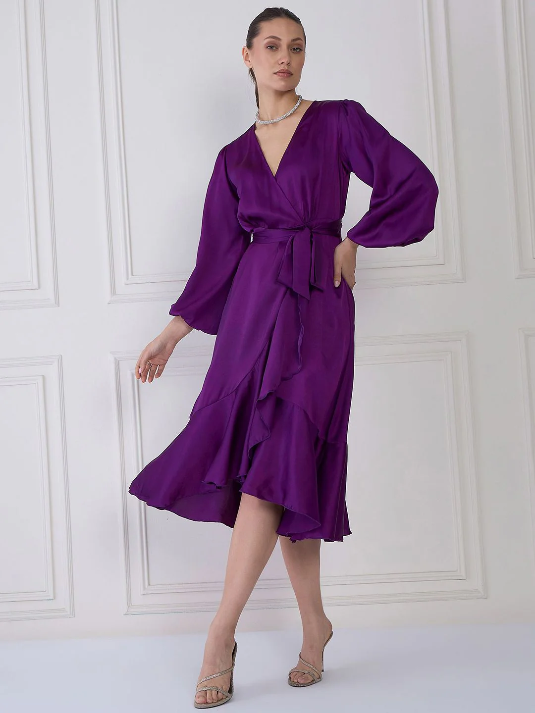 Antheaa Purple V-Neck Cuffed Sleeves Layered Satin Midi Wrap Dress - Image 6