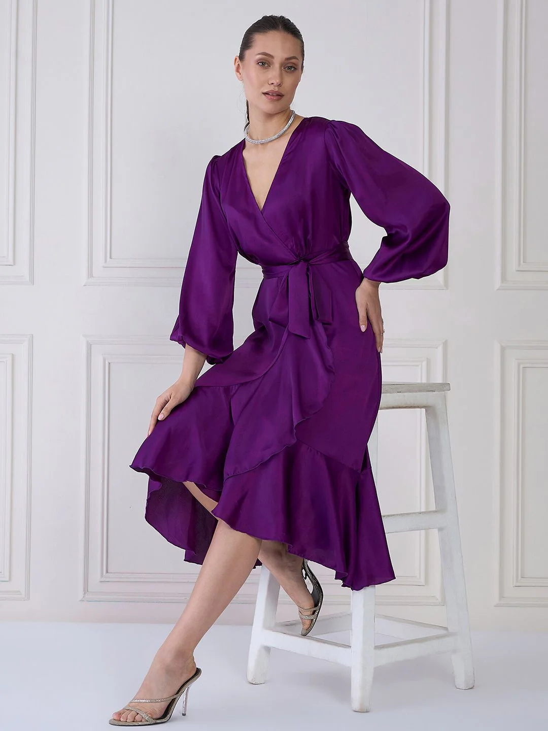 Antheaa Purple V-Neck Cuffed Sleeves Layered Satin Midi Wrap Dress - Image 7