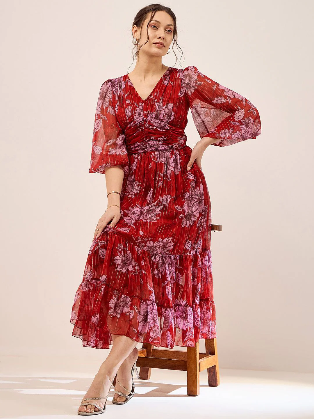 Antheaa Red Floral Printed Puff Sleeves Gathered Tiered Fit & Flare Midi Dress - Image 7