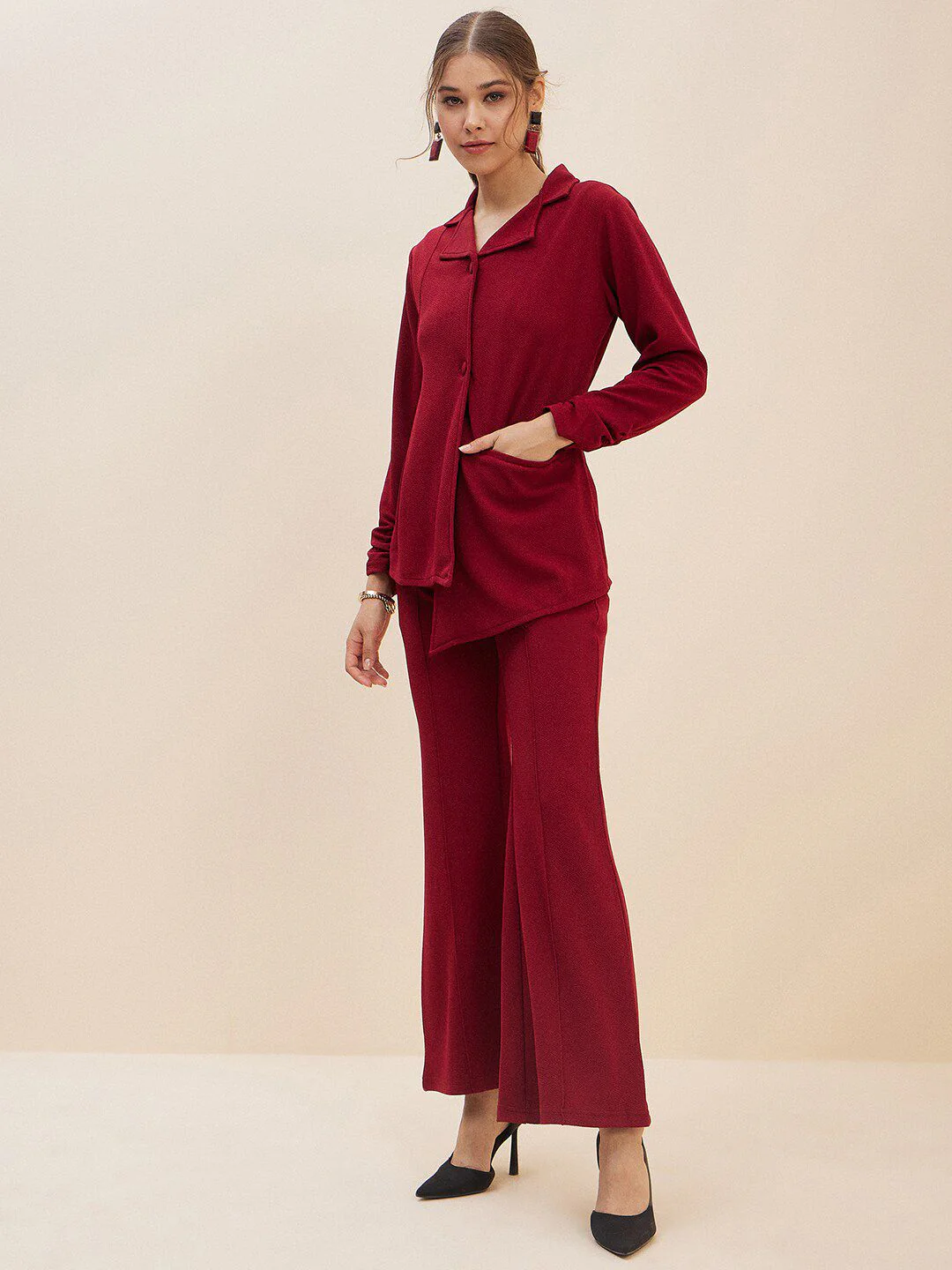 Antheaa Red Lapel-Collar Shirt & Flared Trousers - Image 5