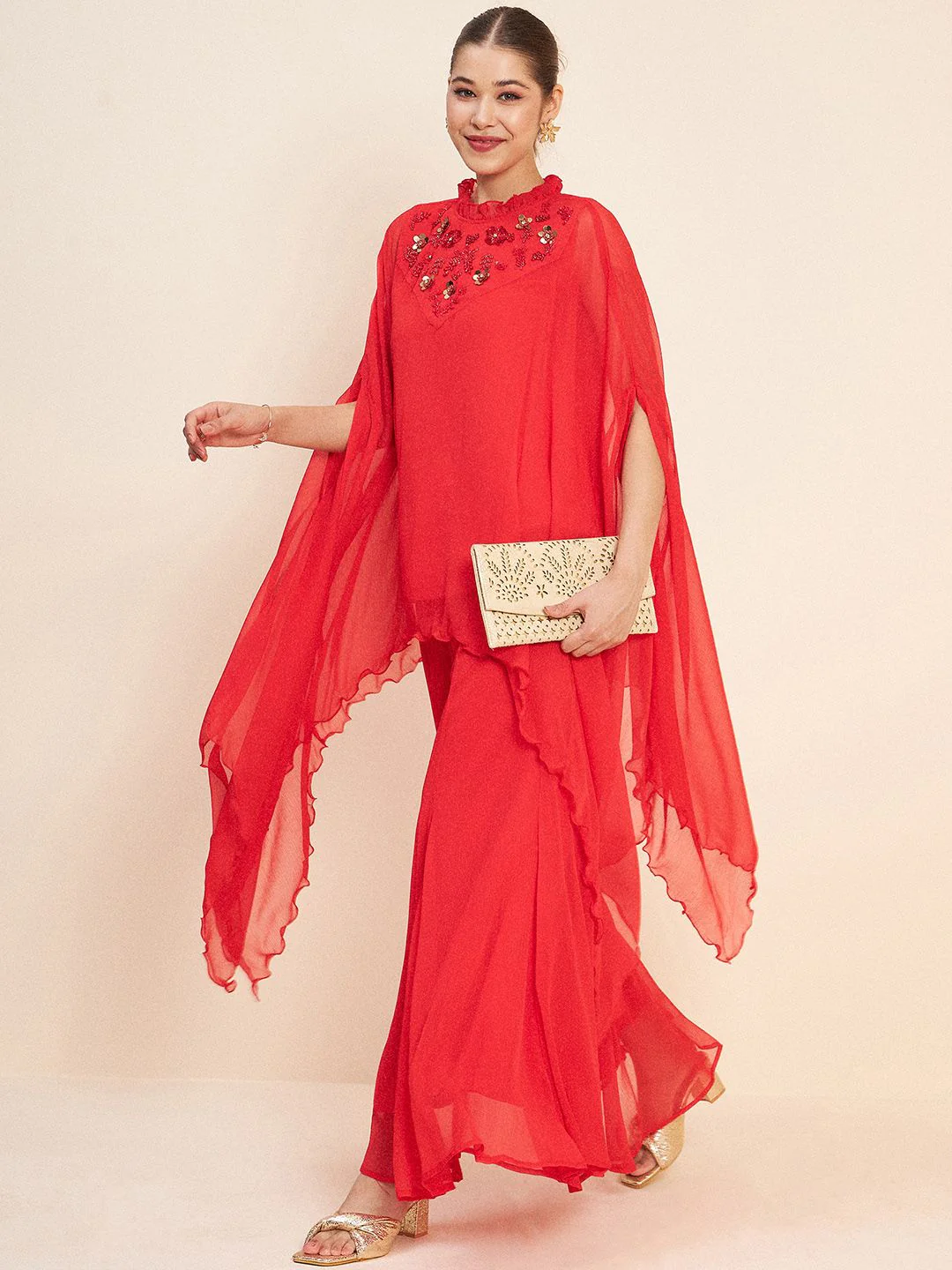 Antheaa Red Round Neck Embellished Co-Ords Set - Image 7