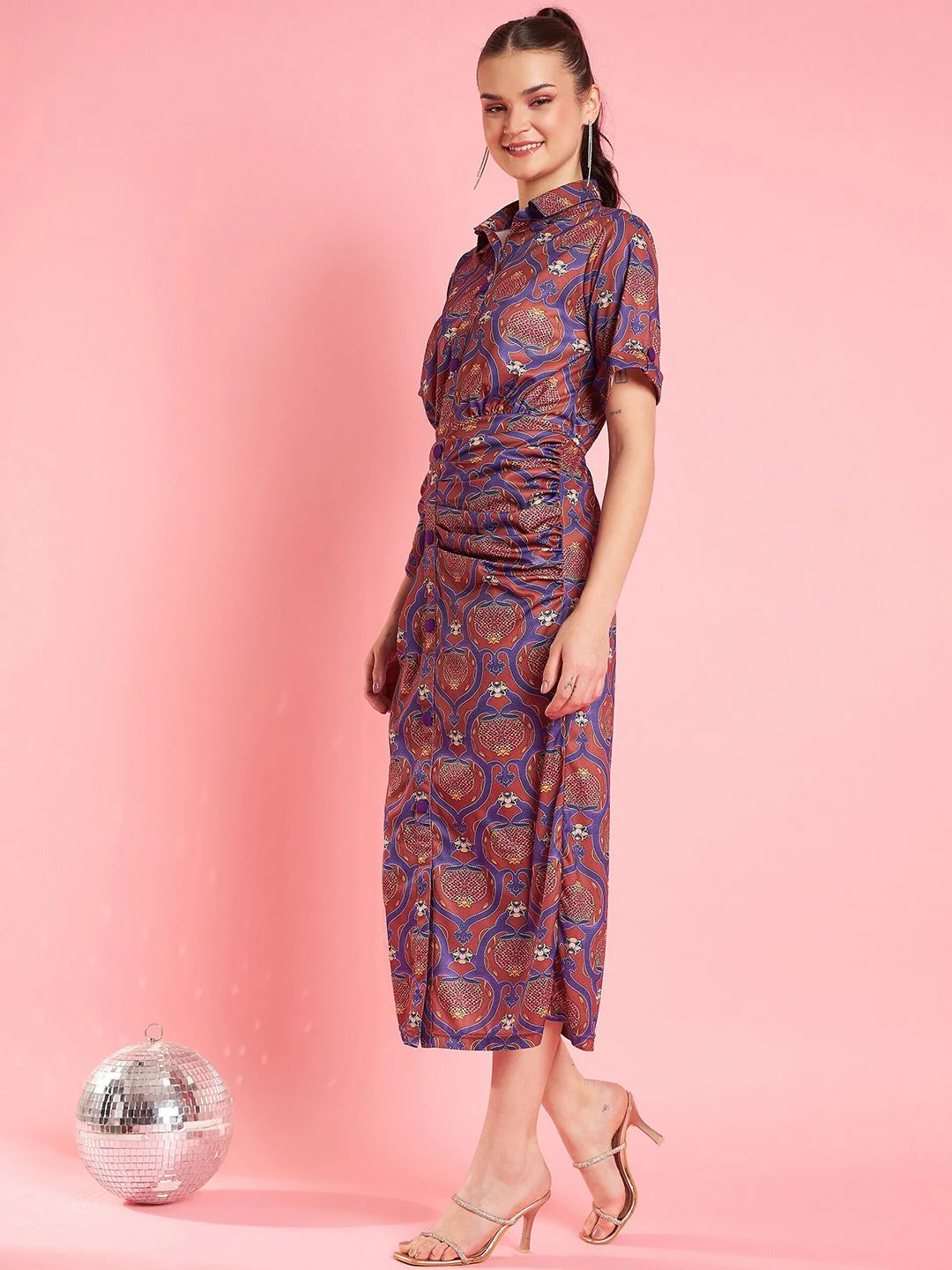 Antheaa Rust Printed Shirt Midi Dress - Image 3