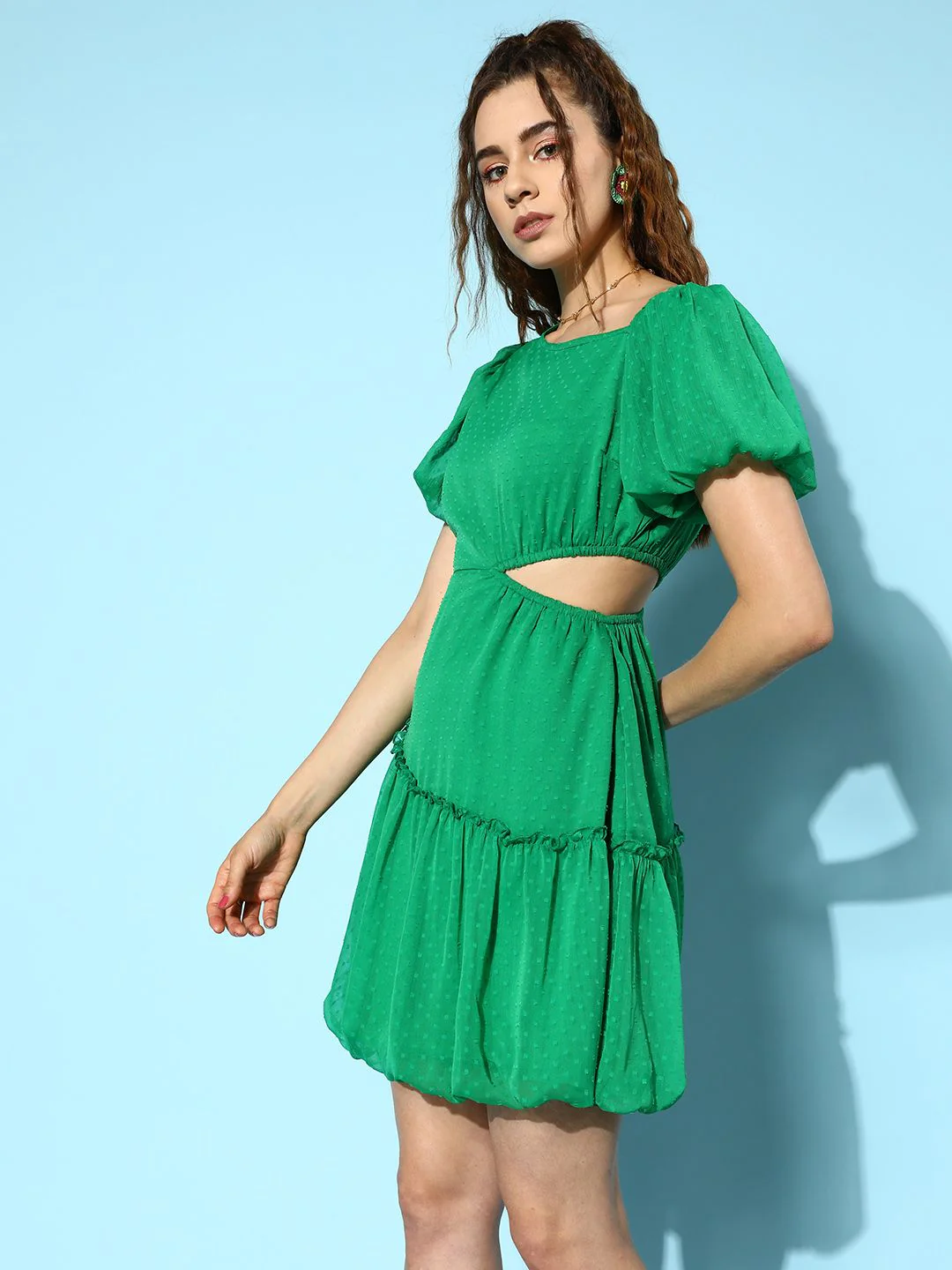 Antheaa Self Design Puff Sleeve Chiffon Fit & Flare Mini Dress - Image 3