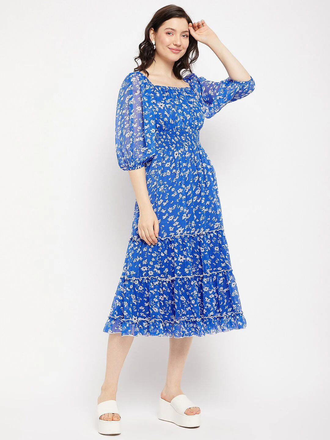 Antheaa Square Neck Floral Printed Smocked Tiered Chiffon Fit & Flare Midi Dress - Image 3