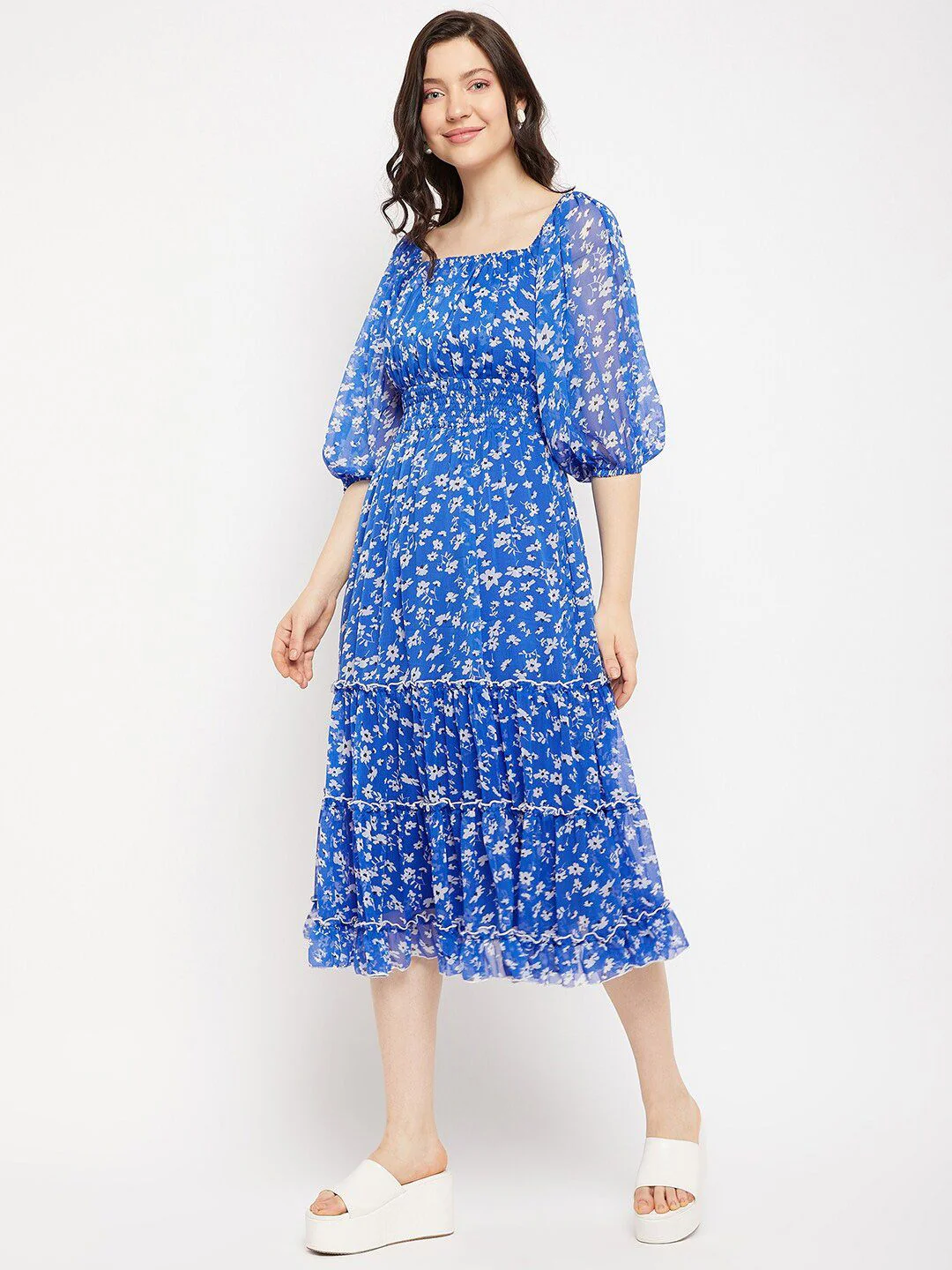 Antheaa Square Neck Floral Printed Smocked Tiered Chiffon Fit & Flare Midi Dress - Image 5