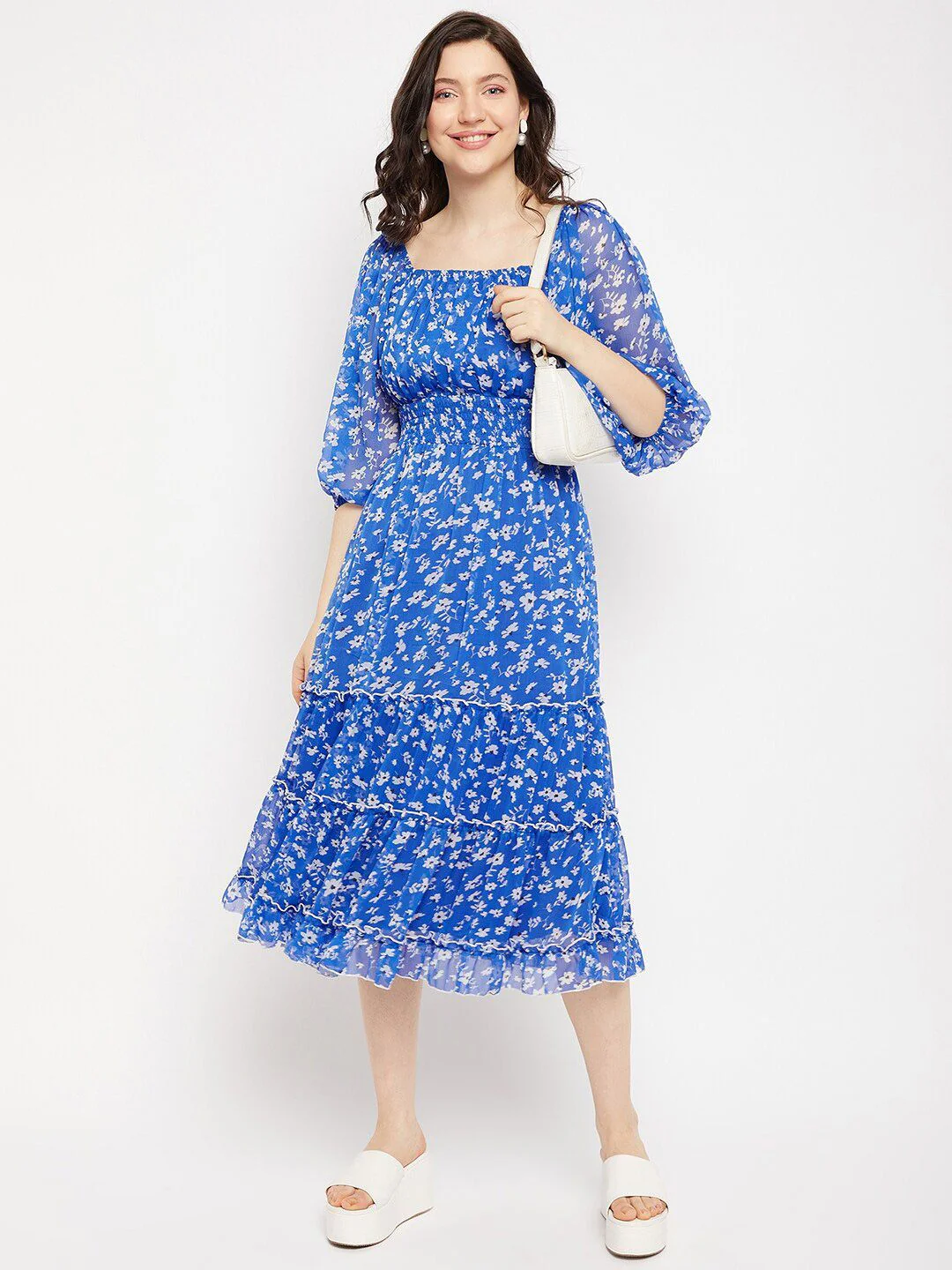 Antheaa Square Neck Floral Printed Smocked Tiered Chiffon Fit & Flare Midi Dress - Image 6