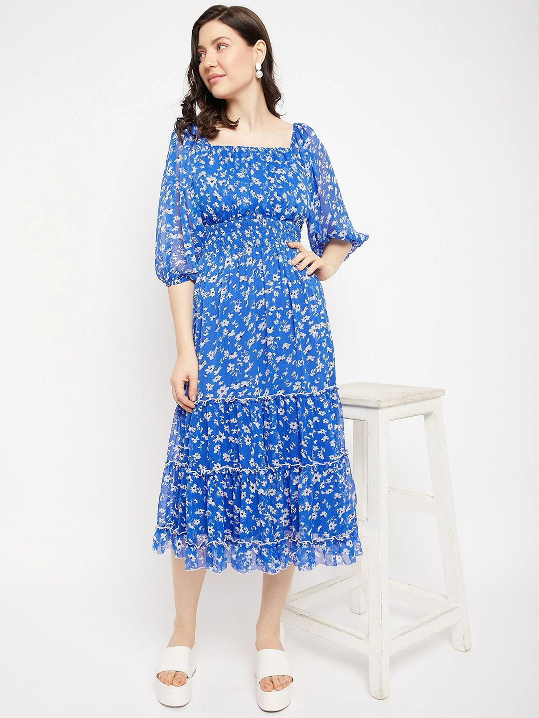 Antheaa Square Neck Floral Printed Smocked Tiered Chiffon Fit & Flare Midi Dress - Image 7