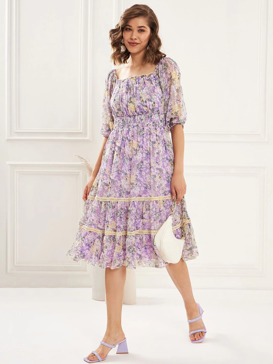 Antheaa Square Neck Floral Printed Tiered Chiffon Fit & Flare Midi Dress - Image 6