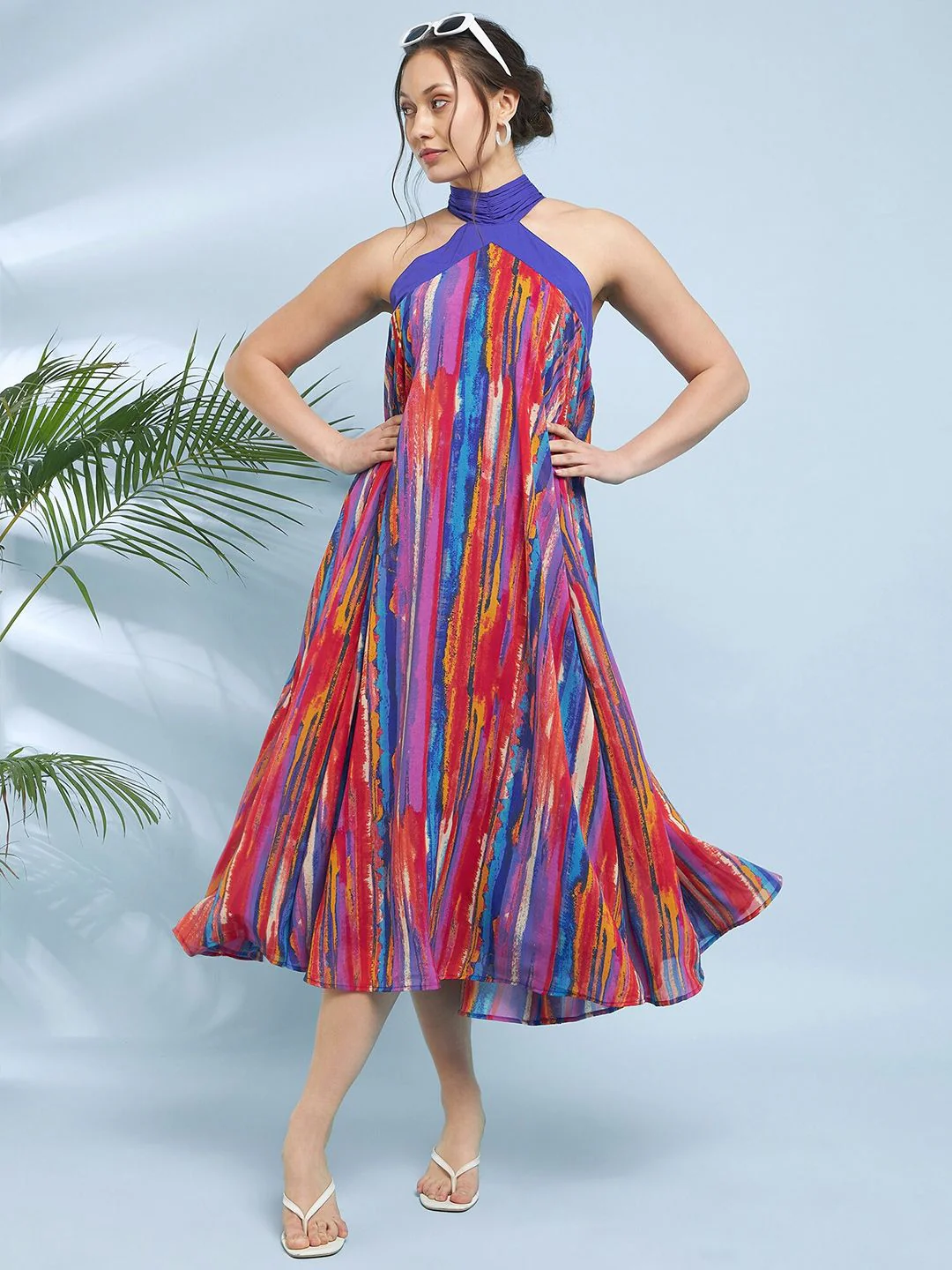 Antheaa Striped Printed Halter Neck A-Line Midi Dress