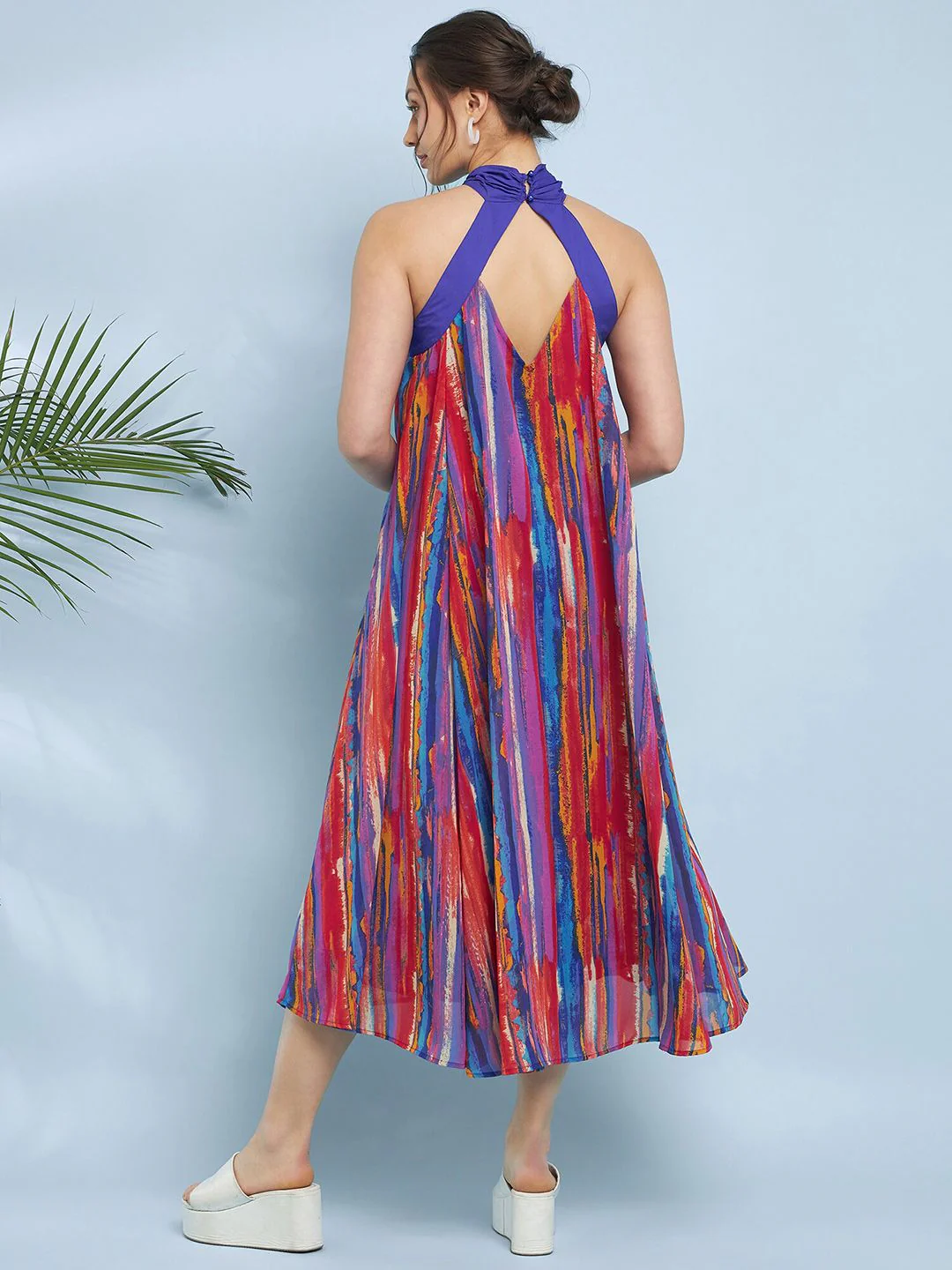 Antheaa Striped Printed Halter Neck A-Line Midi Dress - Image 4