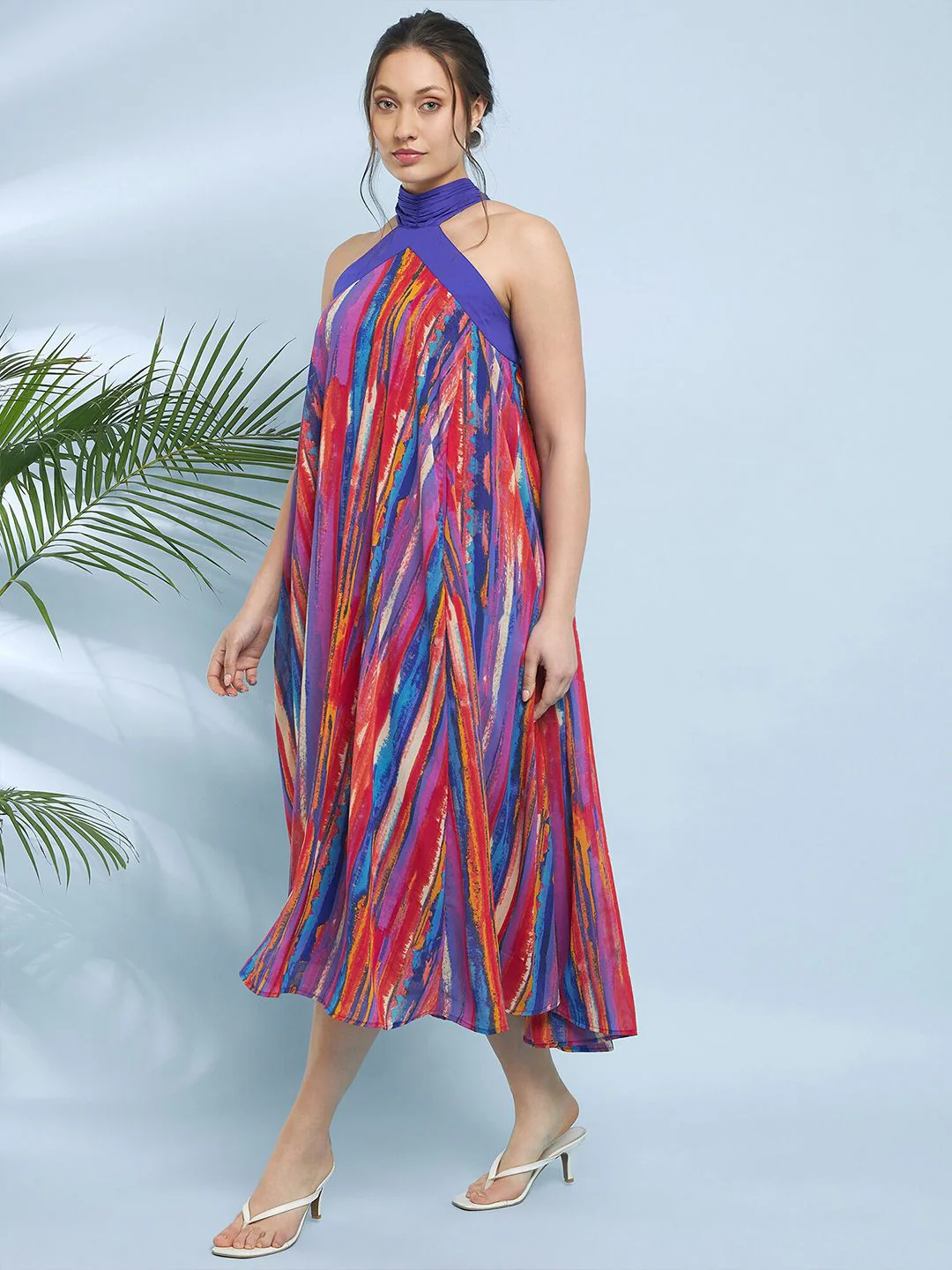 Antheaa Striped Printed Halter Neck A-Line Midi Dress - Image 5