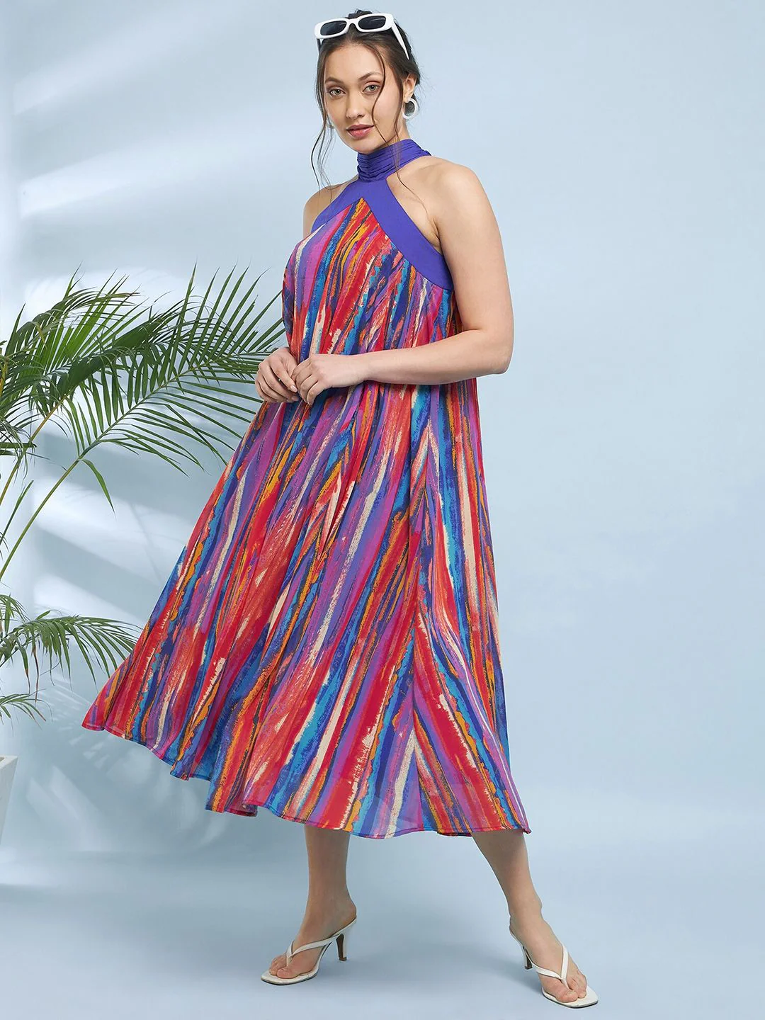 Antheaa Striped Printed Halter Neck A-Line Midi Dress - Image 6