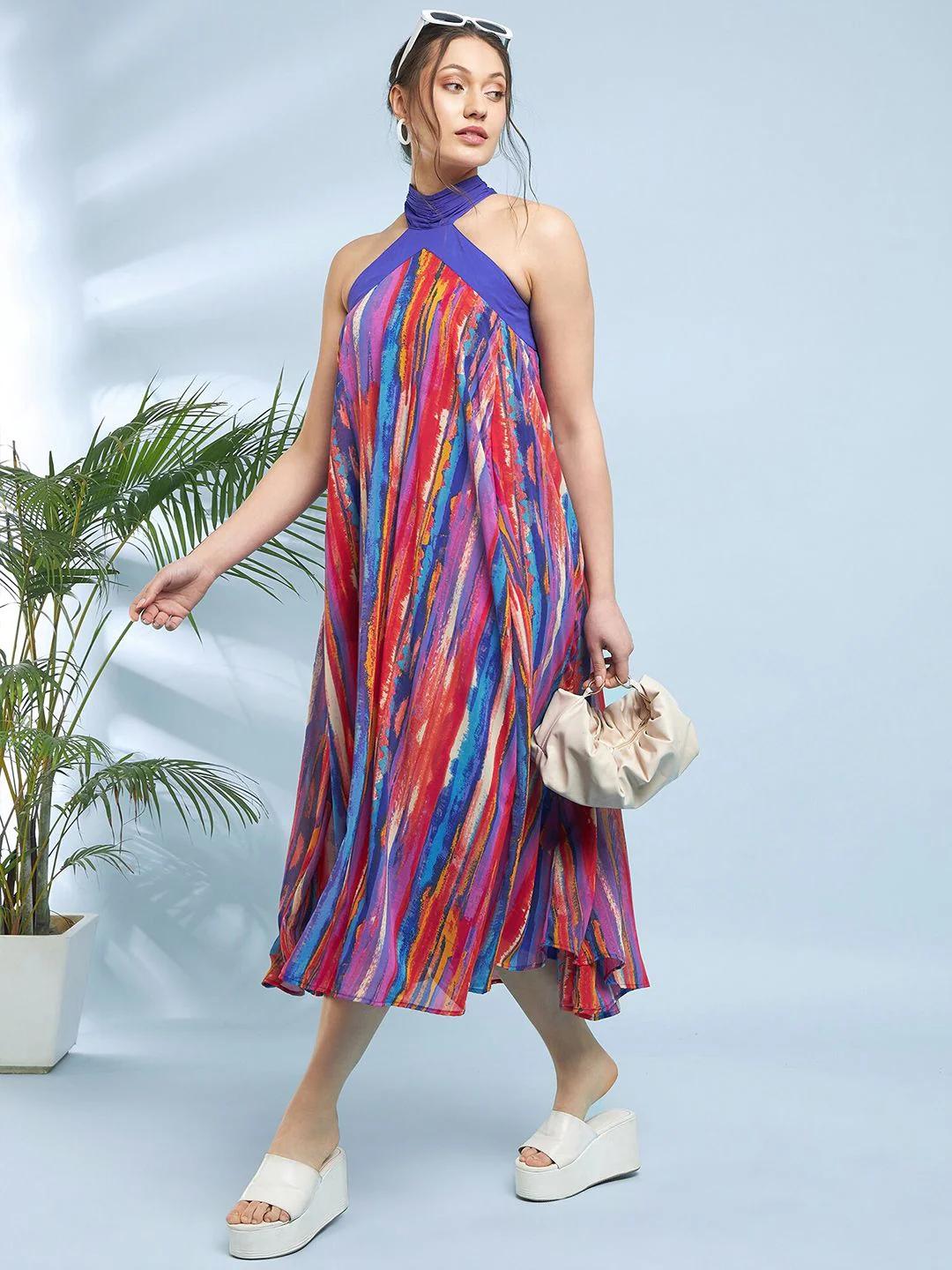 Antheaa Striped Printed Halter Neck A-Line Midi Dress - Image 7