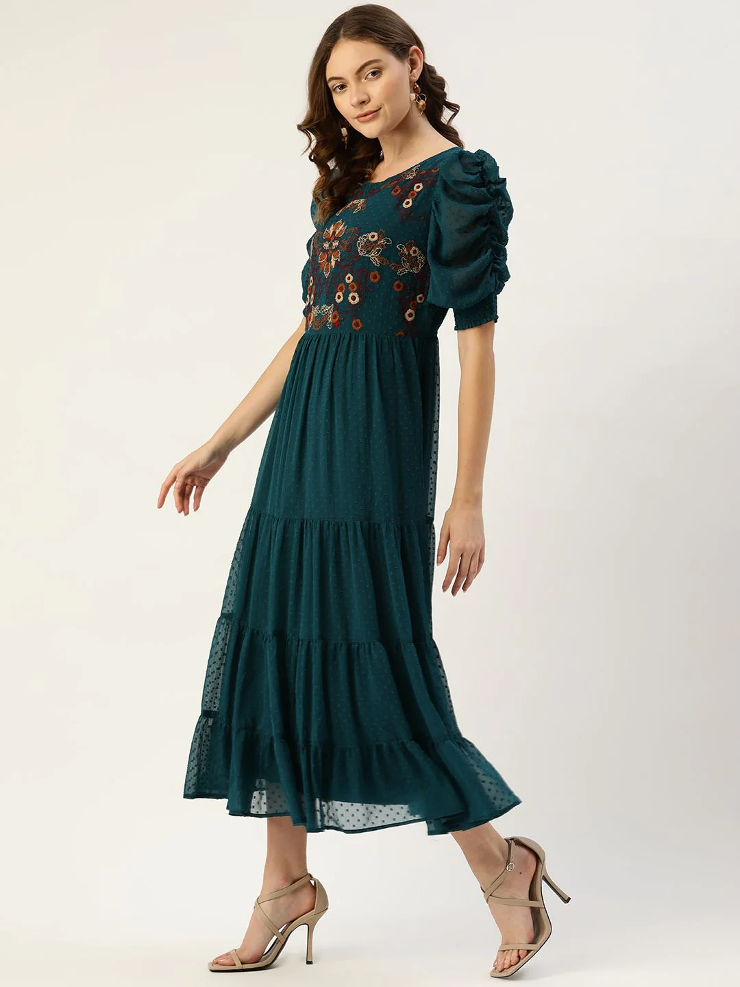 Antheaa Teal Green & Brown Floral Dobby Woven Embellished Maxi Tiered Dress - Image 3