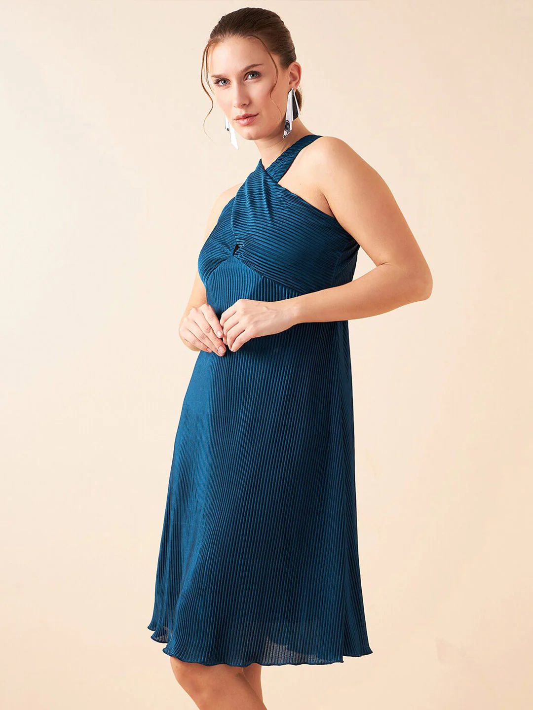 Antheaa Teal Self Design Sleeveless Chiffon Pleated A-Line Dress - Image 3
