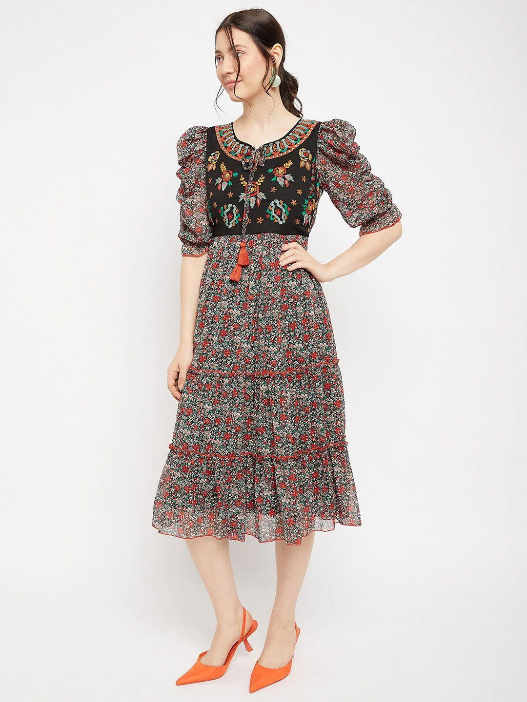Antheaa Tie-Up Neck Floral Printed Embroidered Tiered Chiffon Fit & Flare Midi Dress - Image 5