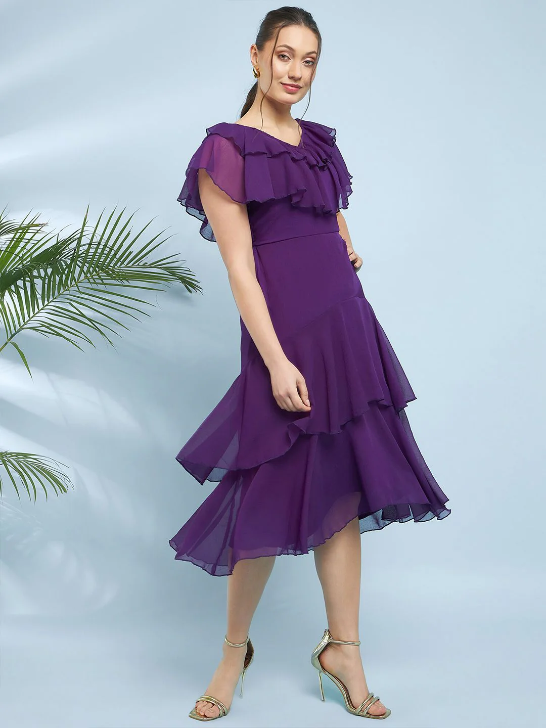 Antheaa V-Neck Flutter Sleeve Fit & Flare Midi Dress - Image 3