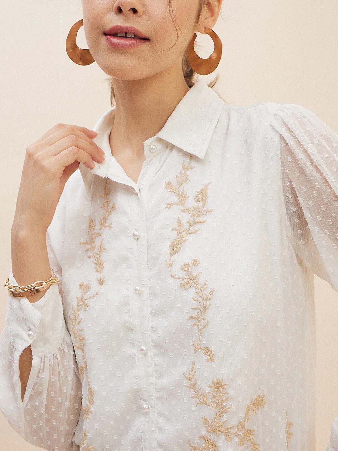 Antheaa White Floral Self Design Cuffed Sleeves Embroidered Detail Shirt Style Top - Image 2