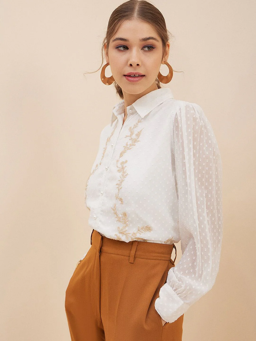 Antheaa White Floral Self Design Cuffed Sleeves Embroidered Detail Shirt Style Top - Image 7