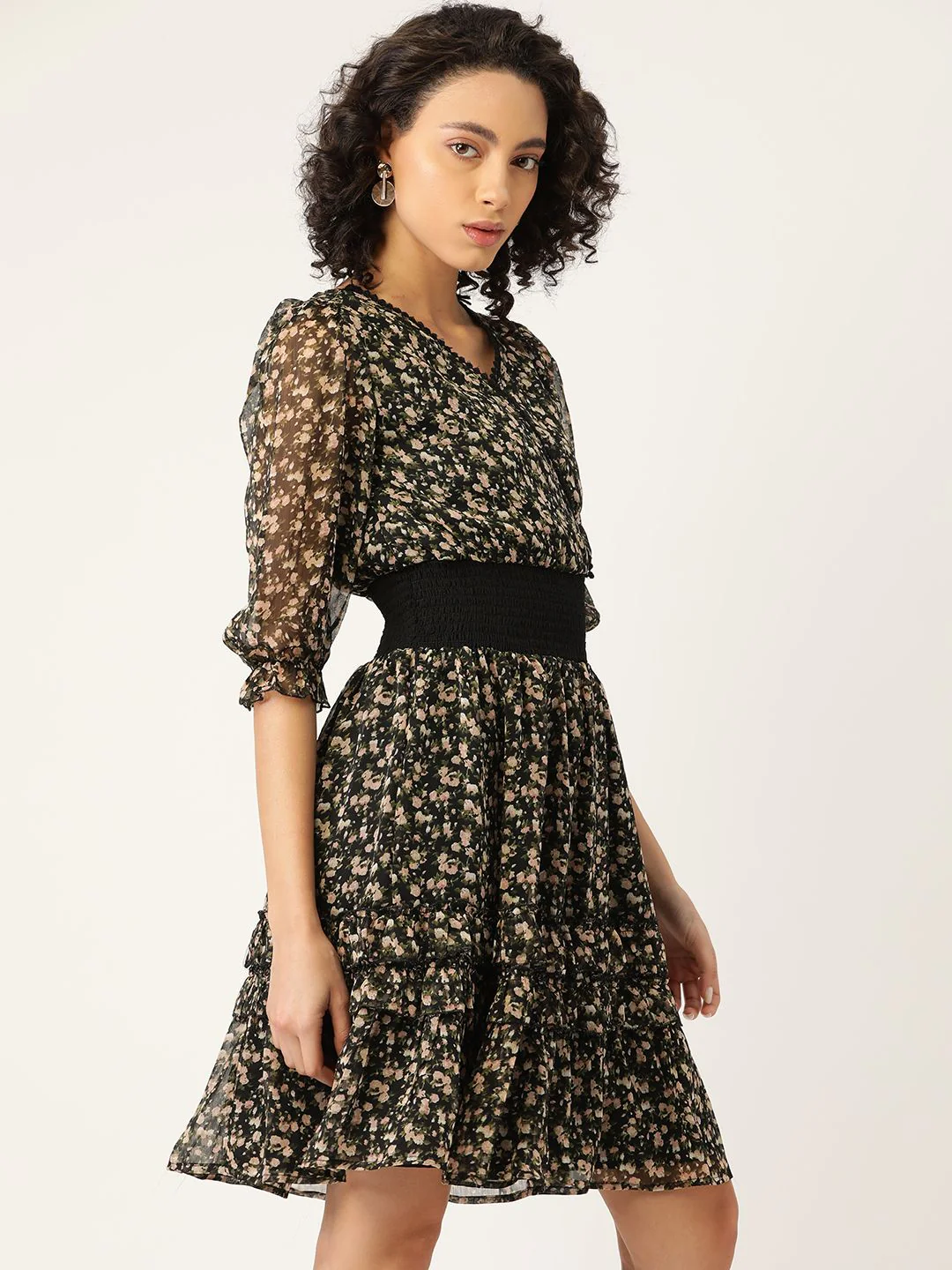 Antheaa Women Black & Green Floral Print Smocked Wrap Dress - Image 3
