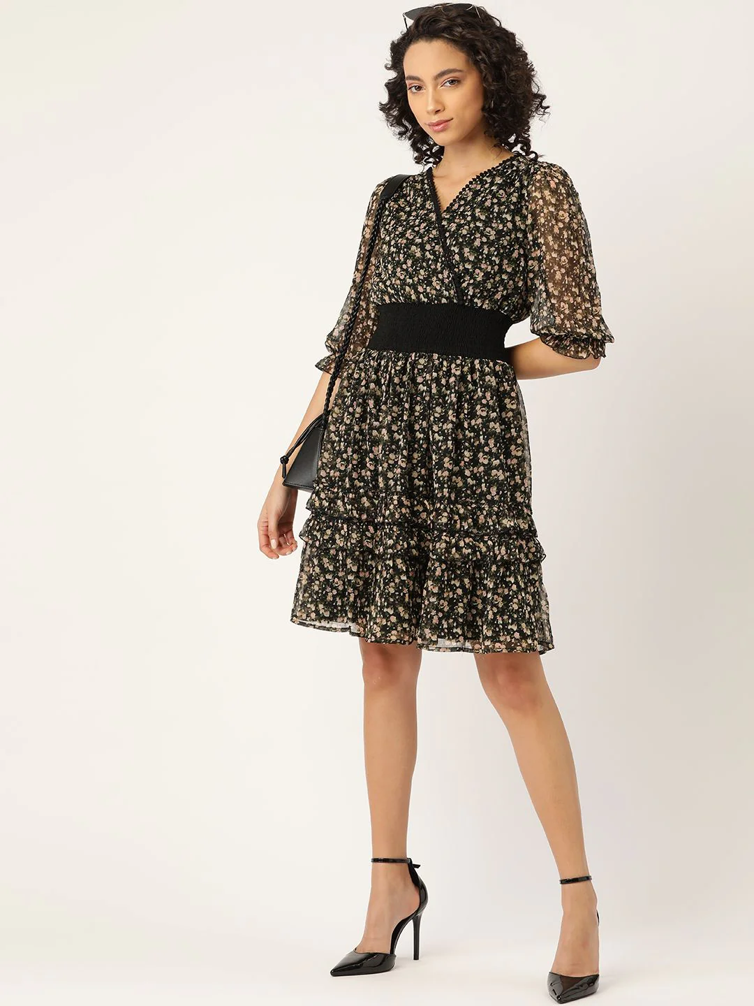 Antheaa Women Black & Green Floral Print Smocked Wrap Dress - Image 4