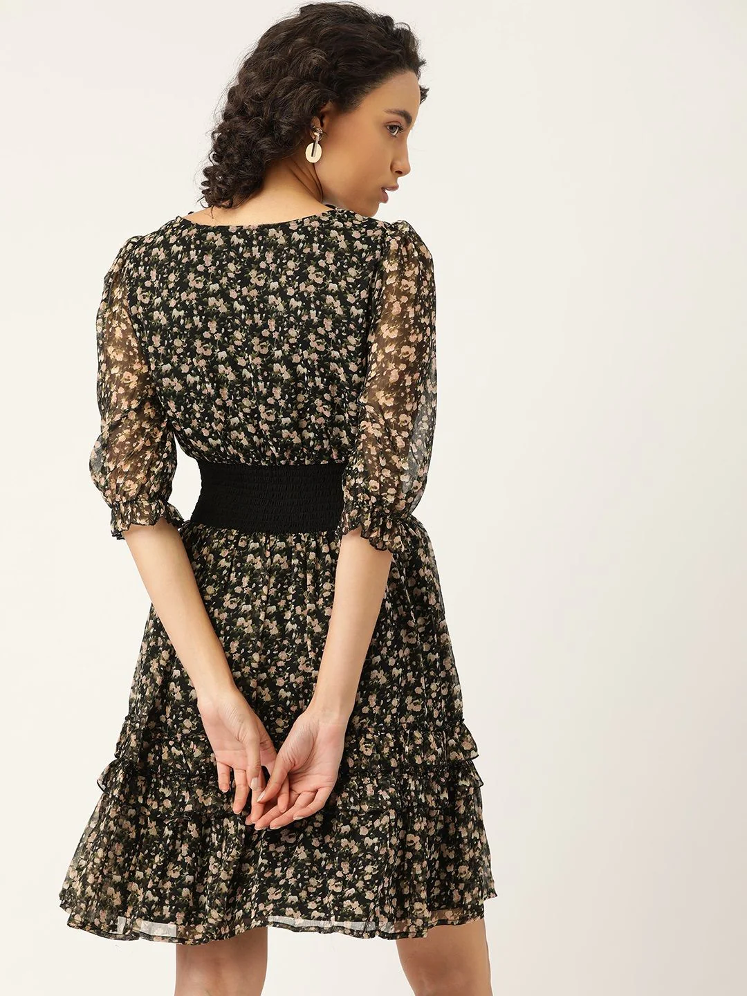 Antheaa Women Black & Green Floral Print Smocked Wrap Dress - Image 5