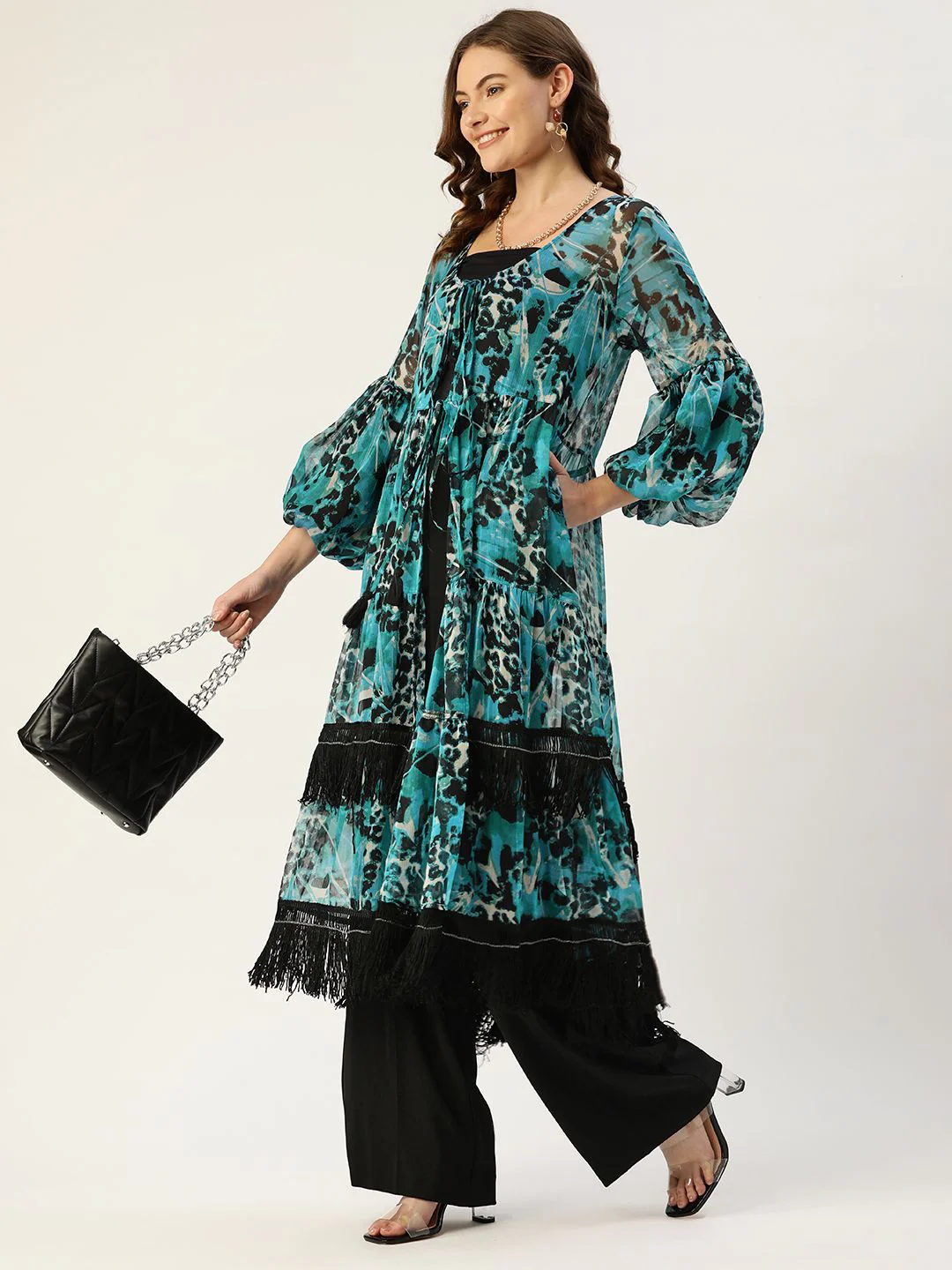 Antheaa Women Blue & Black Printed Party Longline Tie-Up Lace Tiered Shrug - Image 4