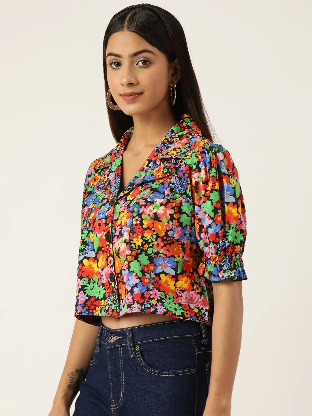Antheaa Women Comfort Boxy Floral Printed Crop Shirt - Image 3
