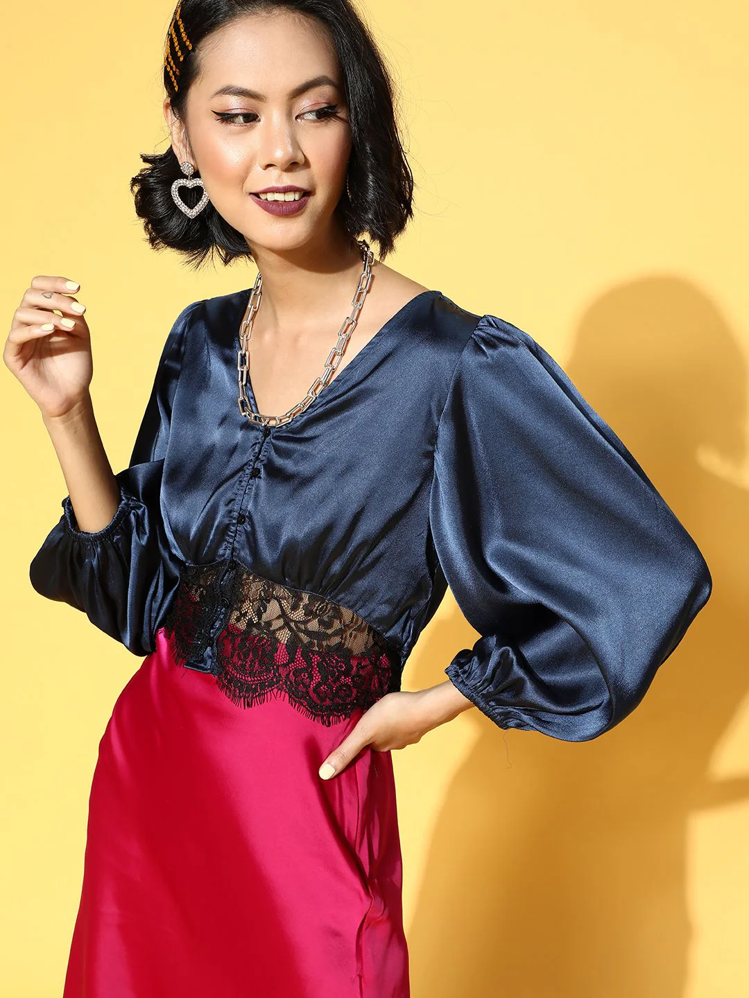 Antheaa Women Deep Navy Blue Solid Lace Top - Image 3