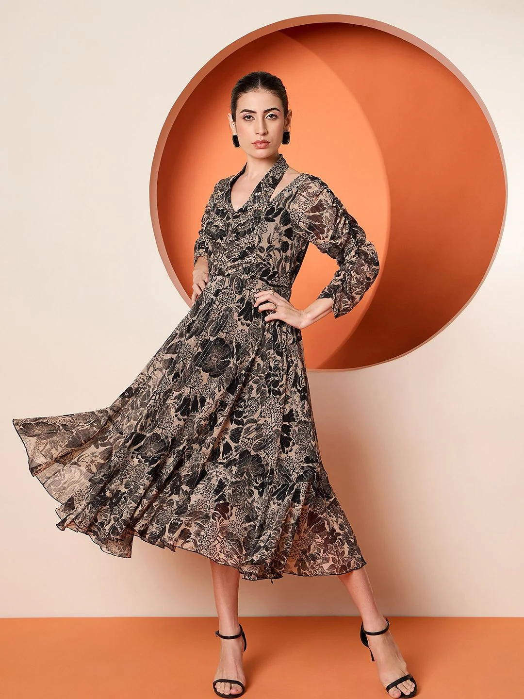 Antheaa Women Embellished Floral Printed Puff Sleeve Fit & Flare Midi Dress - Image 3