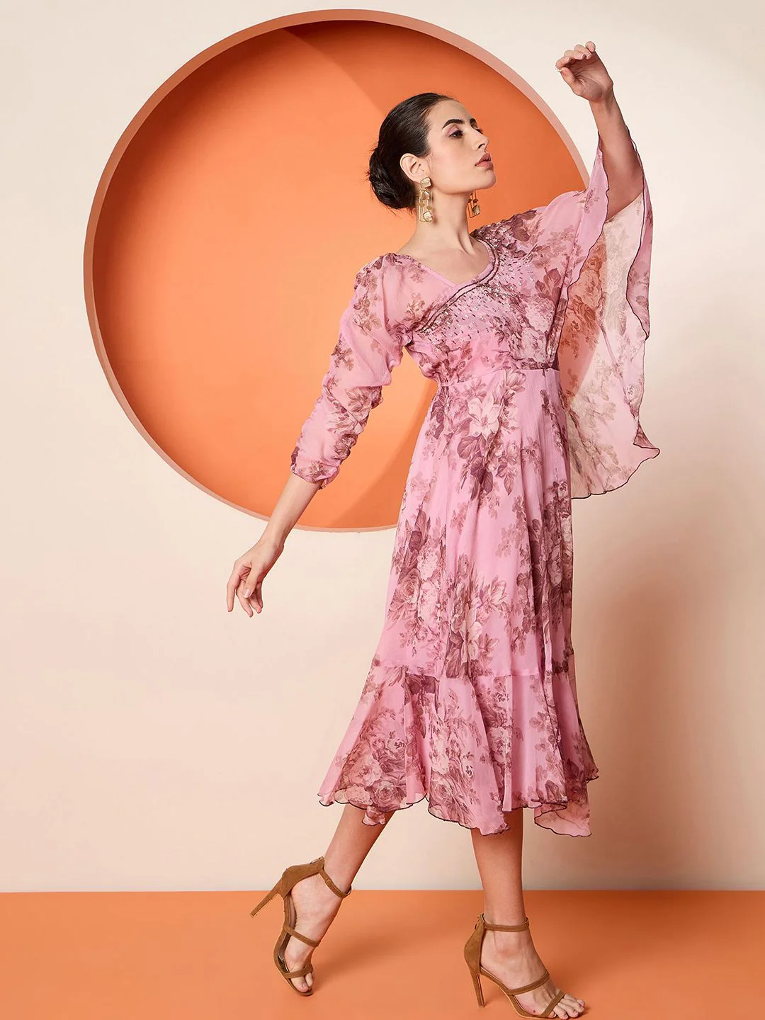 Antheaa Women Embellished Print Flared Sleeve A-Line Midi Dress - Image 3