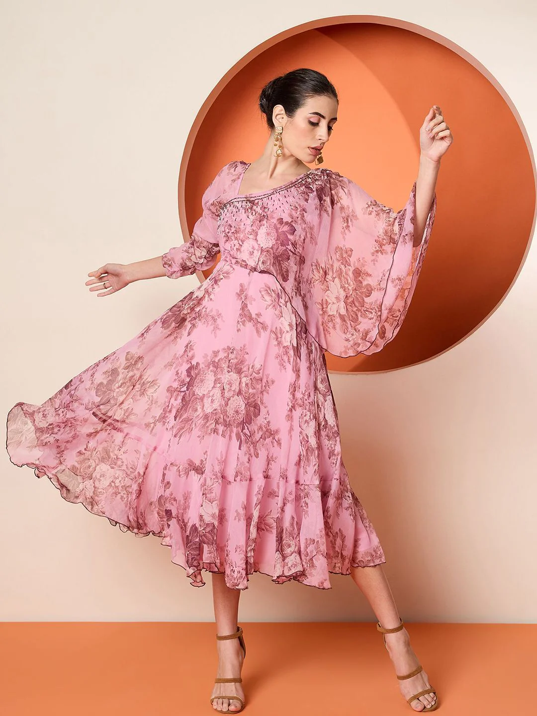 Antheaa Women Embellished Print Flared Sleeve A-Line Midi Dress - Image 7