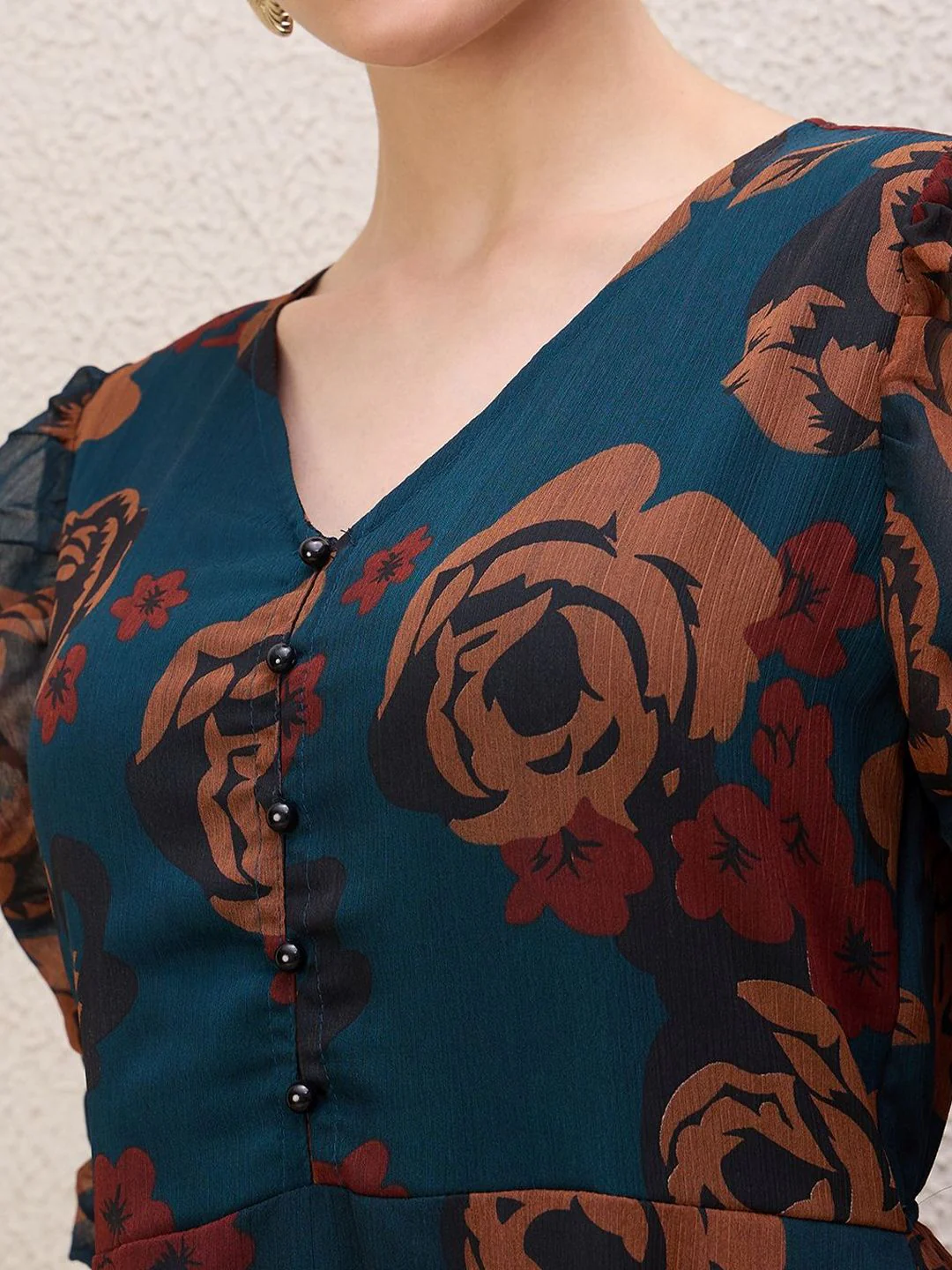 Antheaa Women Ethnic Motifs Print Puff Sleeve Gathered or Pleated A-Line Knee Length Dress - Image 2