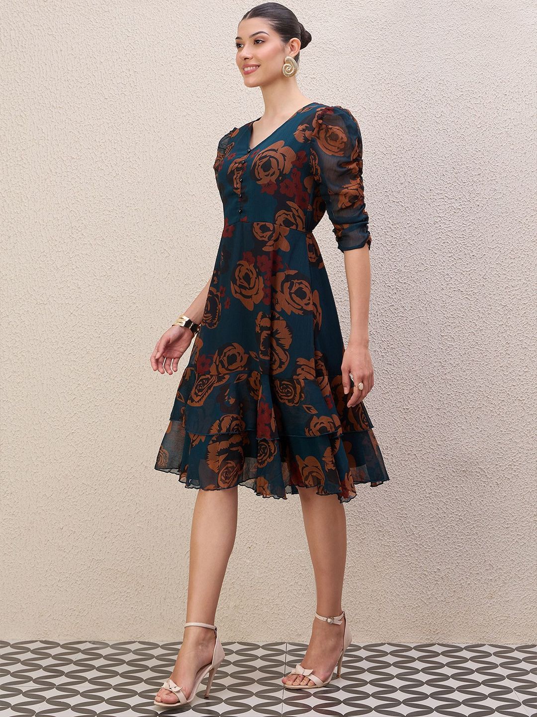 Antheaa Women Ethnic Motifs Print Puff Sleeve Gathered or Pleated A-Line Knee Length Dress - Image 3
