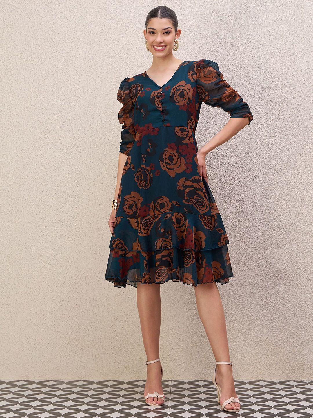 Antheaa Women Ethnic Motifs Print Puff Sleeve Gathered or Pleated A-Line Knee Length Dress - Image 4