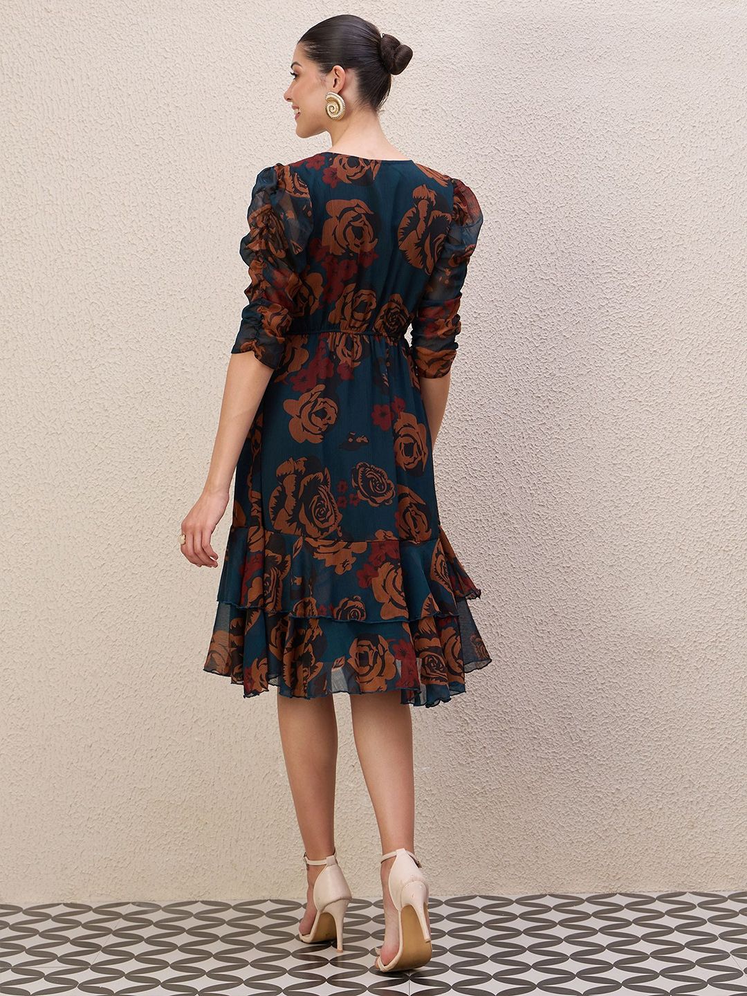 Antheaa Women Ethnic Motifs Print Puff Sleeve Gathered or Pleated A-Line Knee Length Dress - Image 5