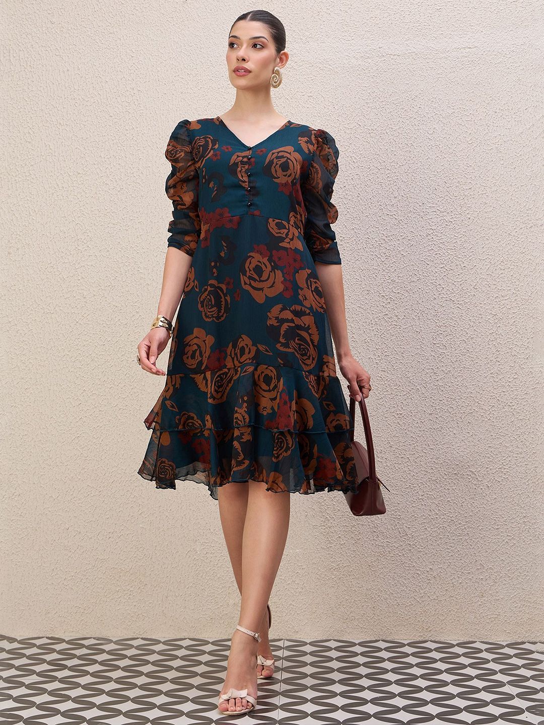 Antheaa Women Ethnic Motifs Print Puff Sleeve Gathered or Pleated A-Line Knee Length Dress - Image 6