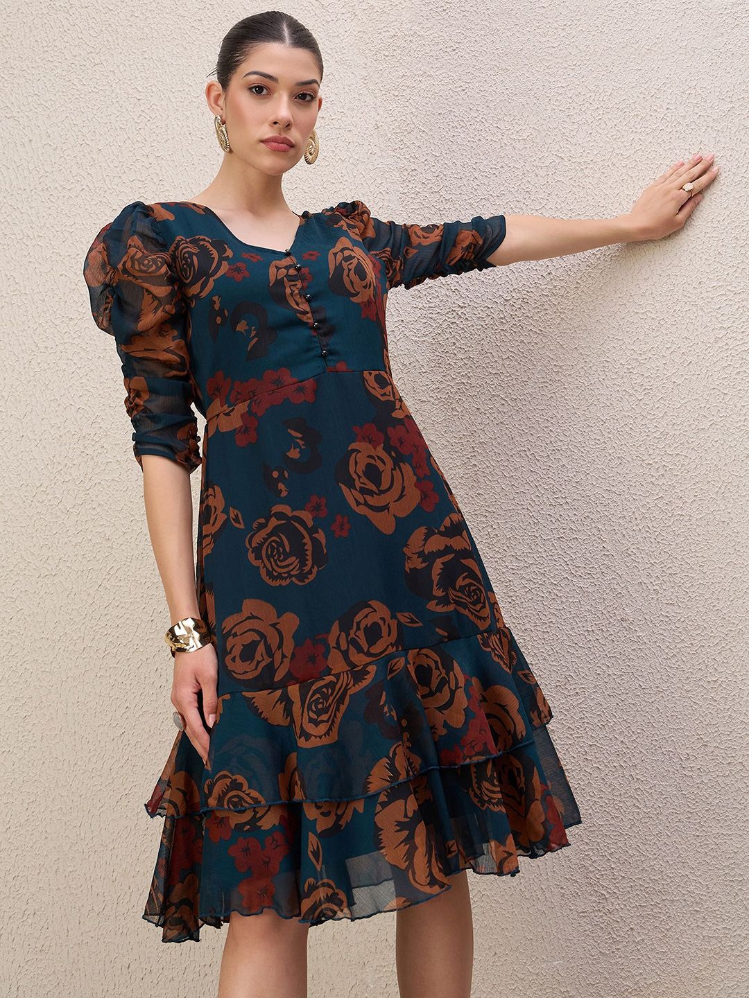 Antheaa Women Ethnic Motifs Print Puff Sleeve Gathered or Pleated A-Line Knee Length Dress - Image 7
