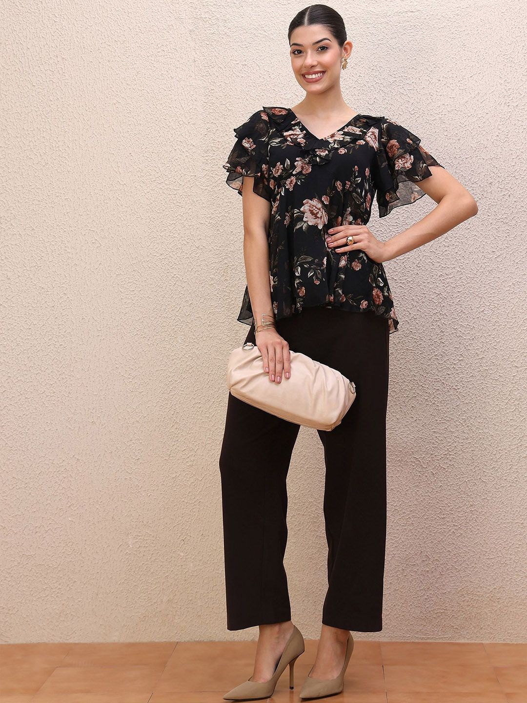 Antheaa Women Floral Printed Flared Sleeve Empire Top - Image 4