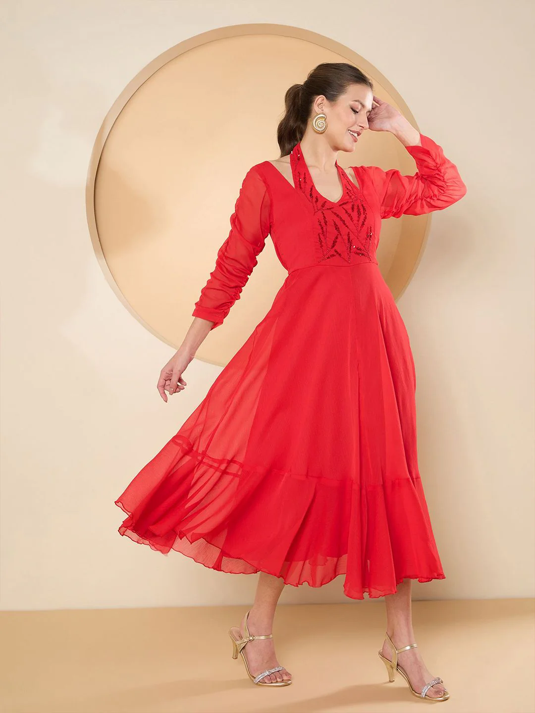 Antheaa Women Halter Neck Chiffon Fit & Flare Embellished Midi Dress - Image 3