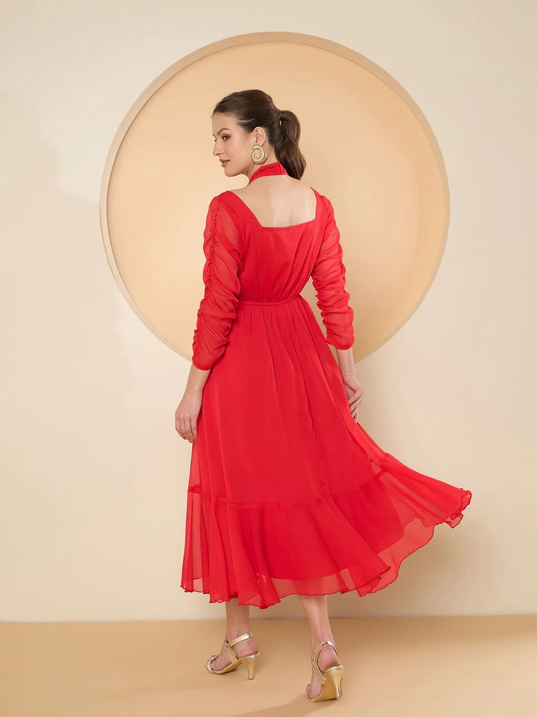 Antheaa Women Halter Neck Chiffon Fit & Flare Embellished Midi Dress - Image 5