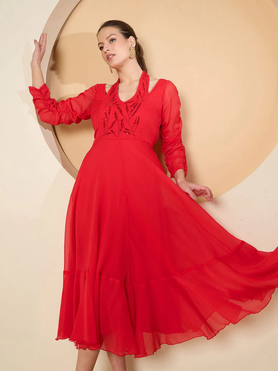 Antheaa Women Halter Neck Chiffon Fit & Flare Embellished Midi Dress - Image 6