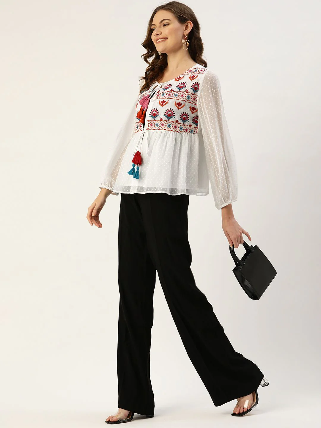 Antheaa Women Off White & Pink Printed Embroidered Tie-Up Shrug - Image 4