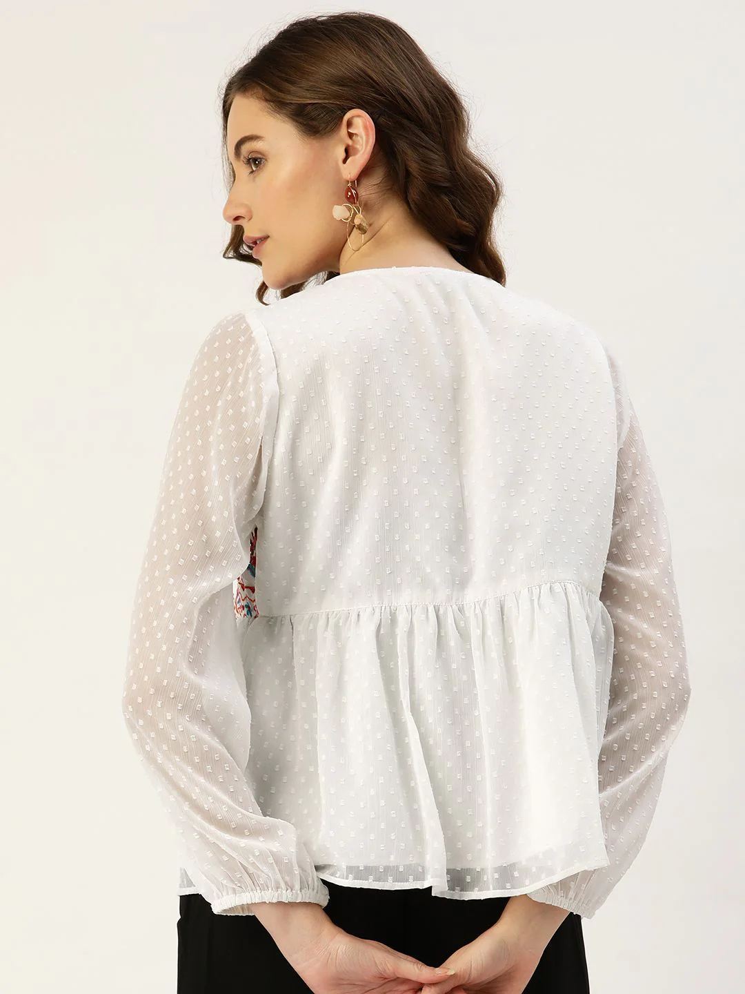 Antheaa Women Off White & Pink Printed Embroidered Tie-Up Shrug - Image 5