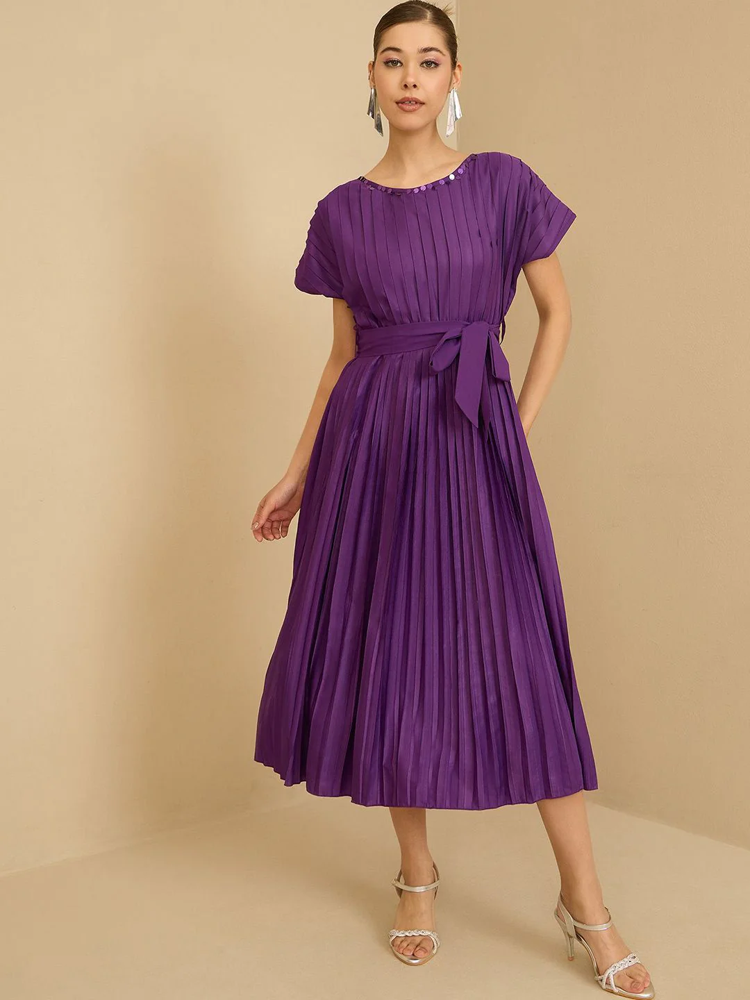 Antheaa Women Pleated Fit & Flare Midi Dress With Belt